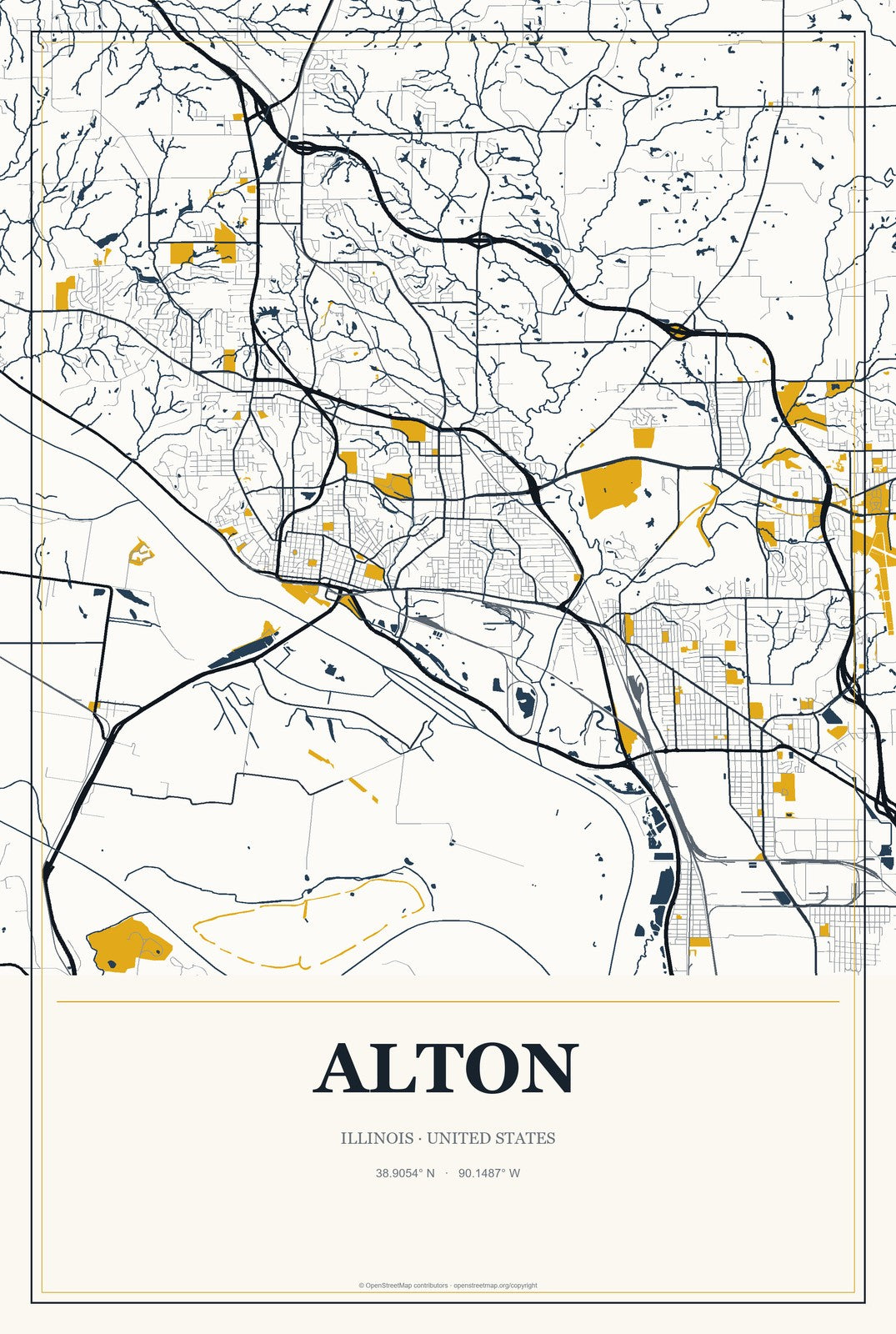 Alton, Illinois City Map Aluminum Sign in Citrine Modern style