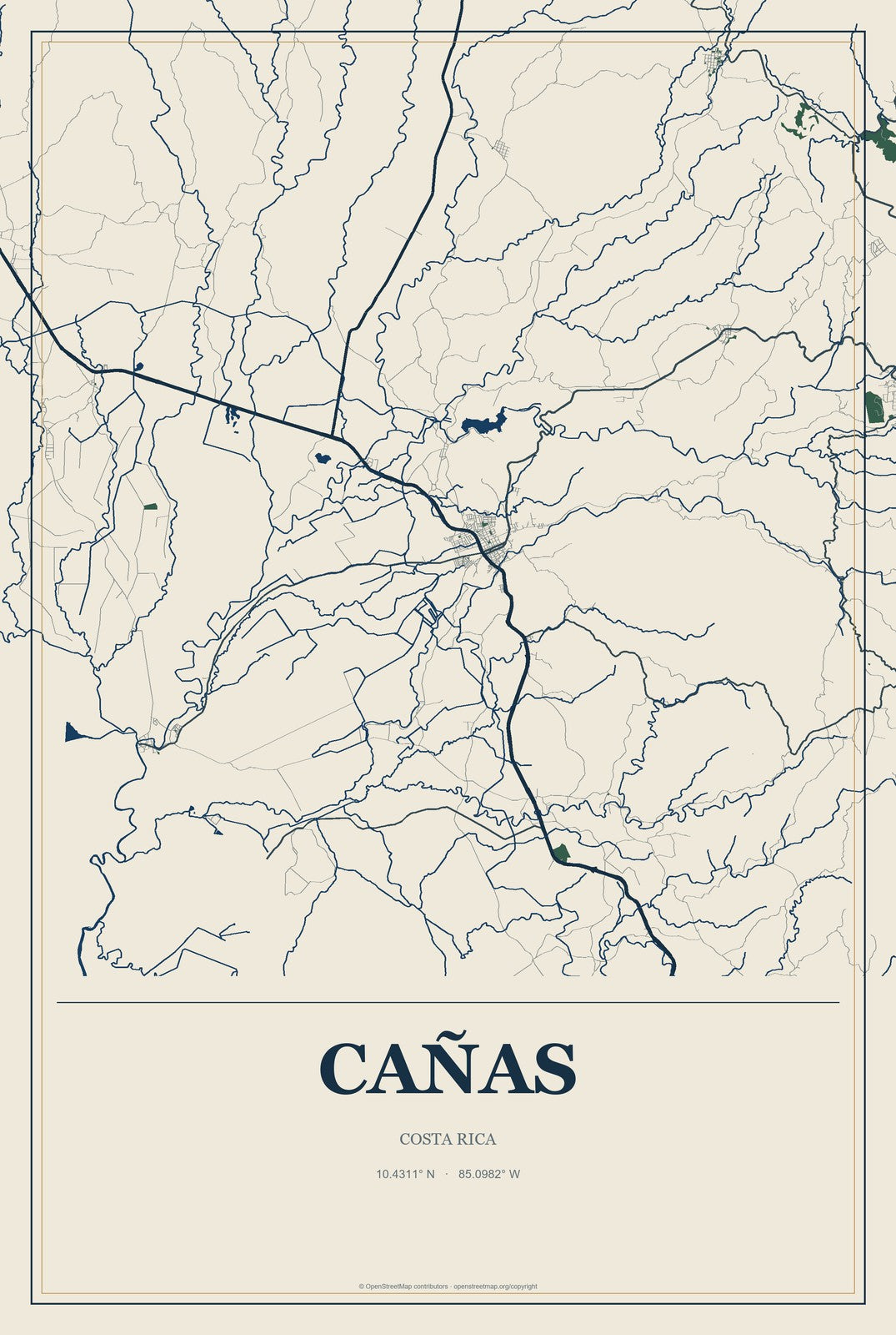 Cañas, Costa Rica City Map Aluminum Sign in Coastal Cutout style