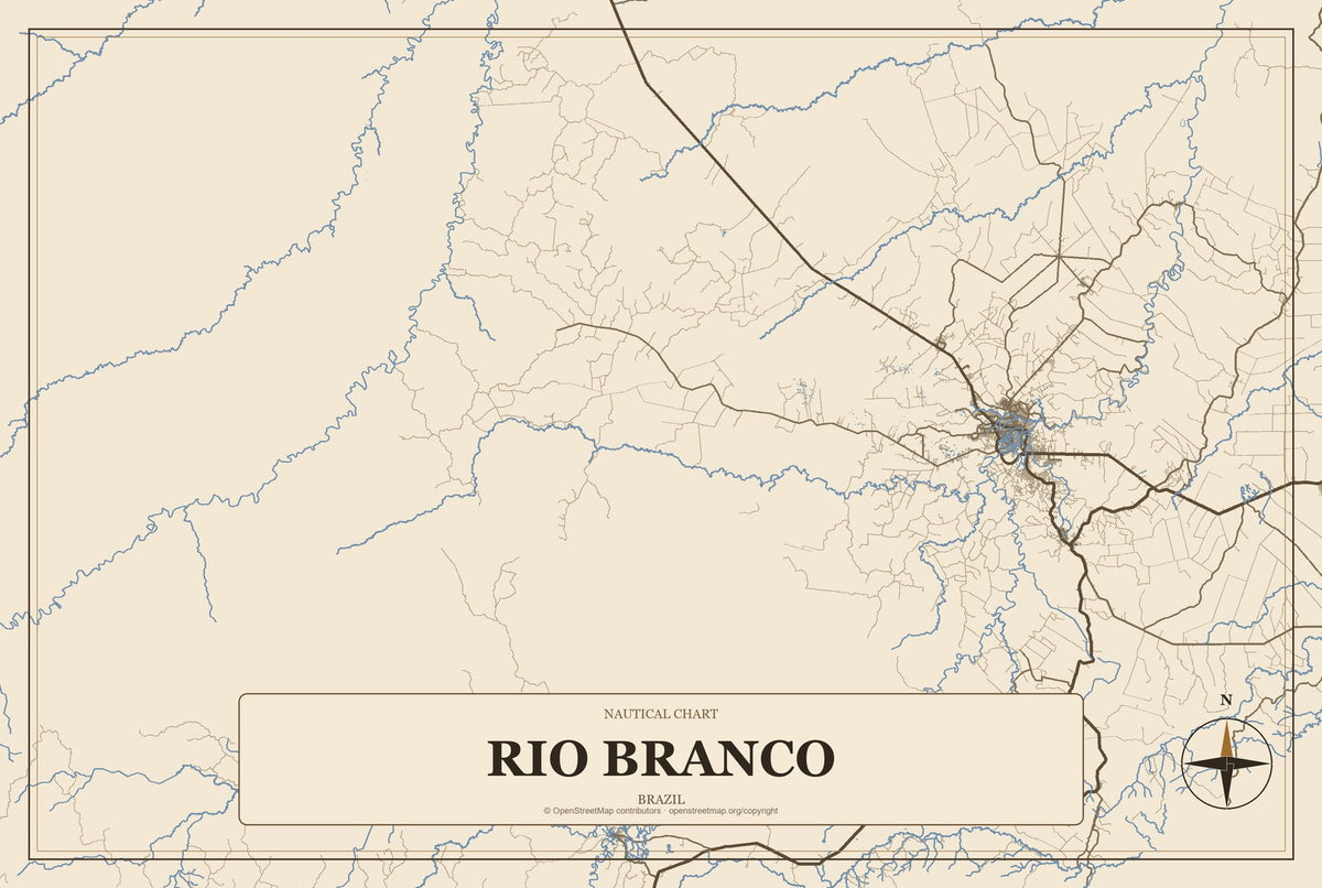 Rio Branco, Brazil City Map Aluminum Sign in Heritage Nautical style