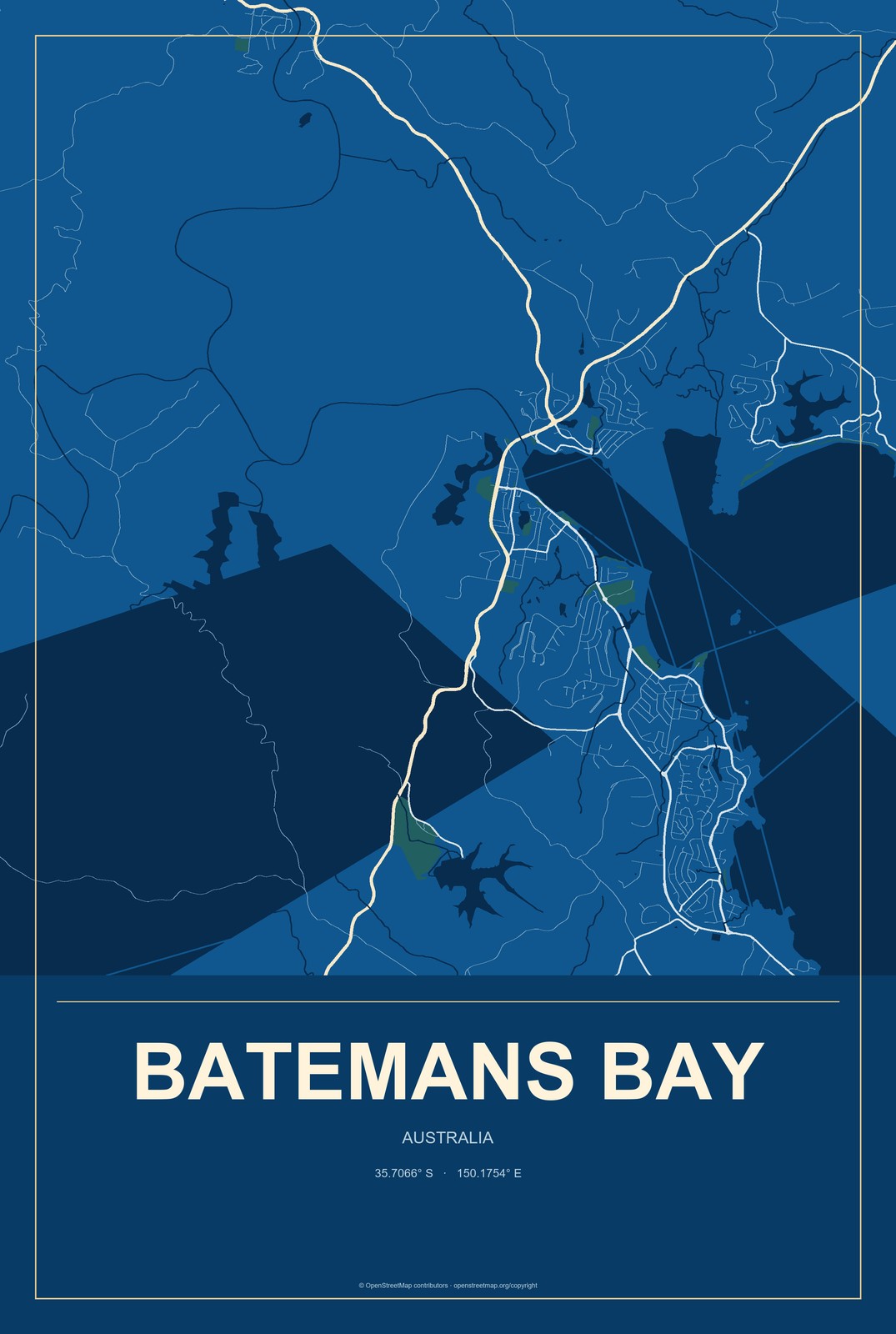 Batemans Bay, Australia City Map Aluminum Sign in Harbor Cobalt style