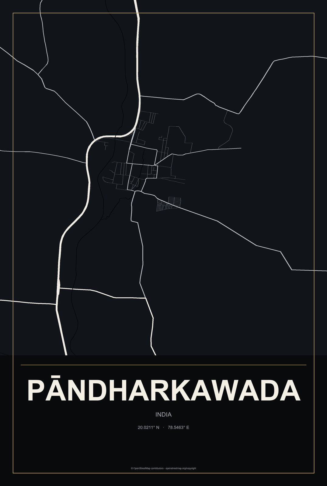 Pāndharkawada, India City Map Aluminum Sign in Metropolitan Noir style