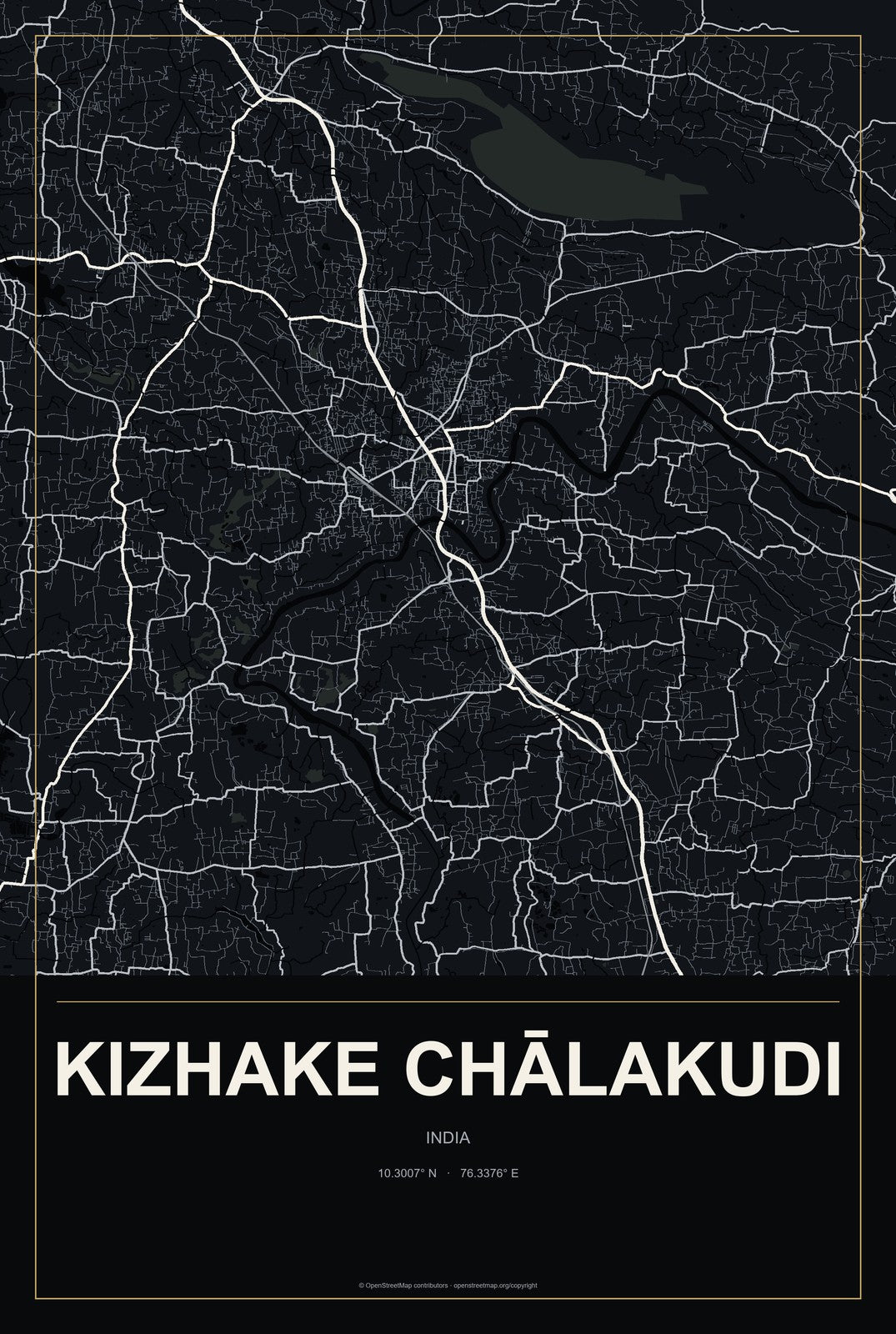 Kizhake Chālakudi, India City Map Aluminum Sign in Metropolitan Noir style