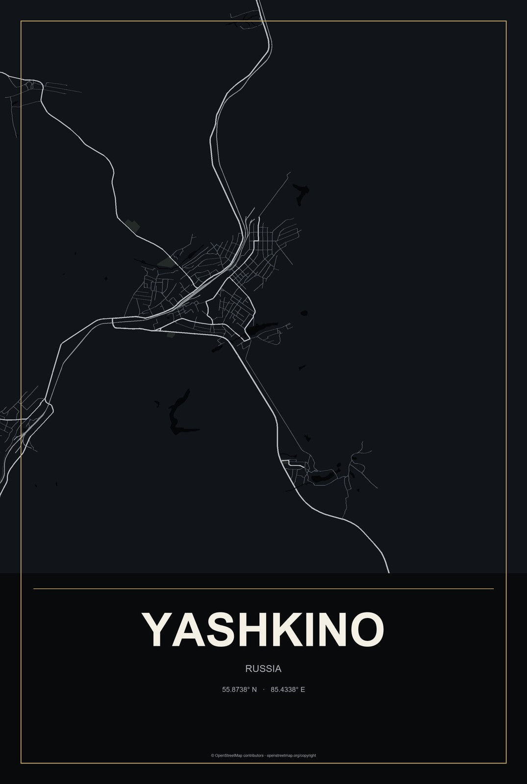 Yashkino, Russia City Map Aluminum Sign in Metropolitan Noir style