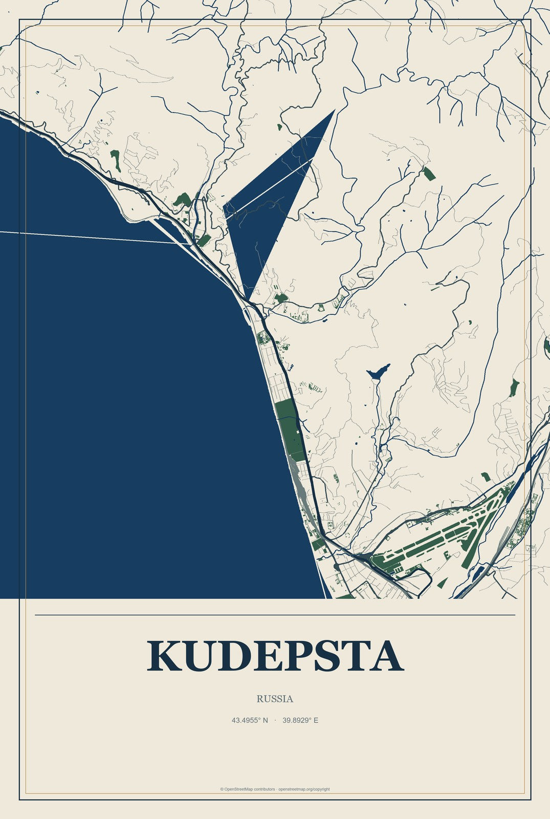 Kudepsta, Russia City Map Aluminum Sign in Coastal Cutout style