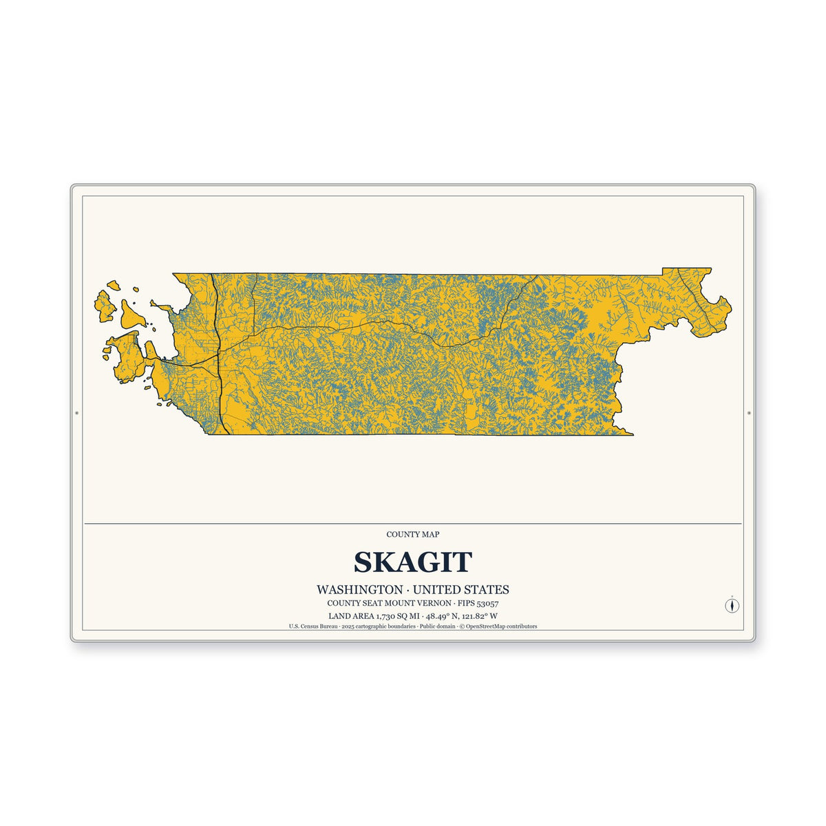 Skagit County, Washington Map Aluminum Sign in Citrine Modern style