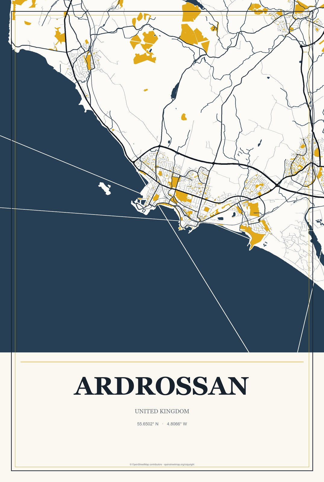 Ardrossan, United Kingdom City Map Aluminum Sign in Citrine Modern style