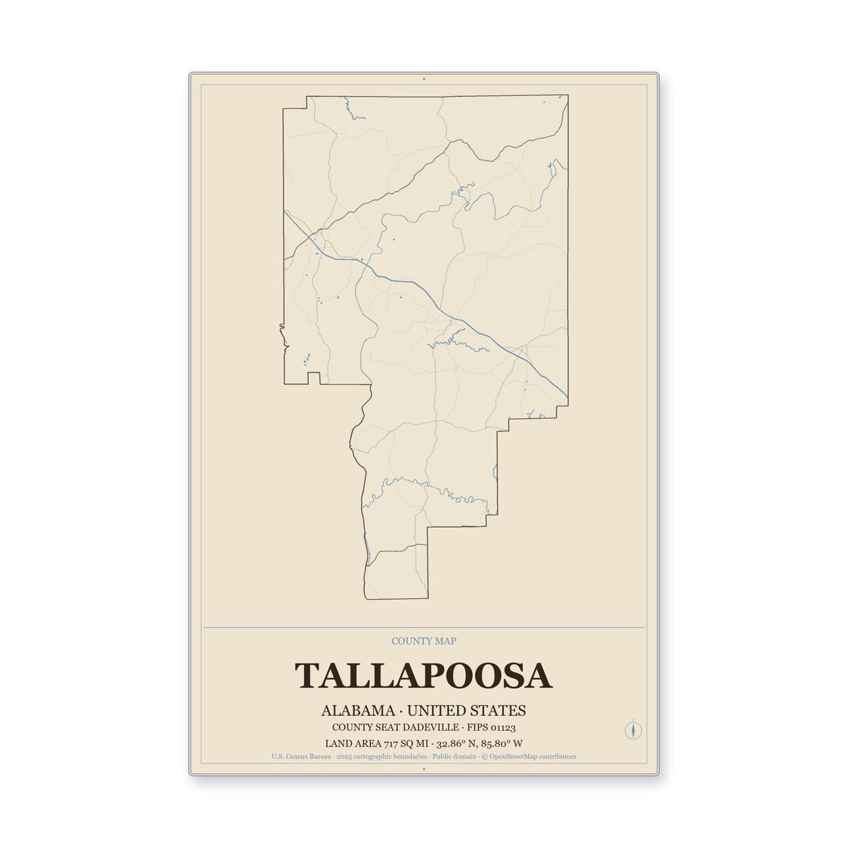 Tallapoosa County, Alabama Map Aluminum Sign in Heritage Nautical style
