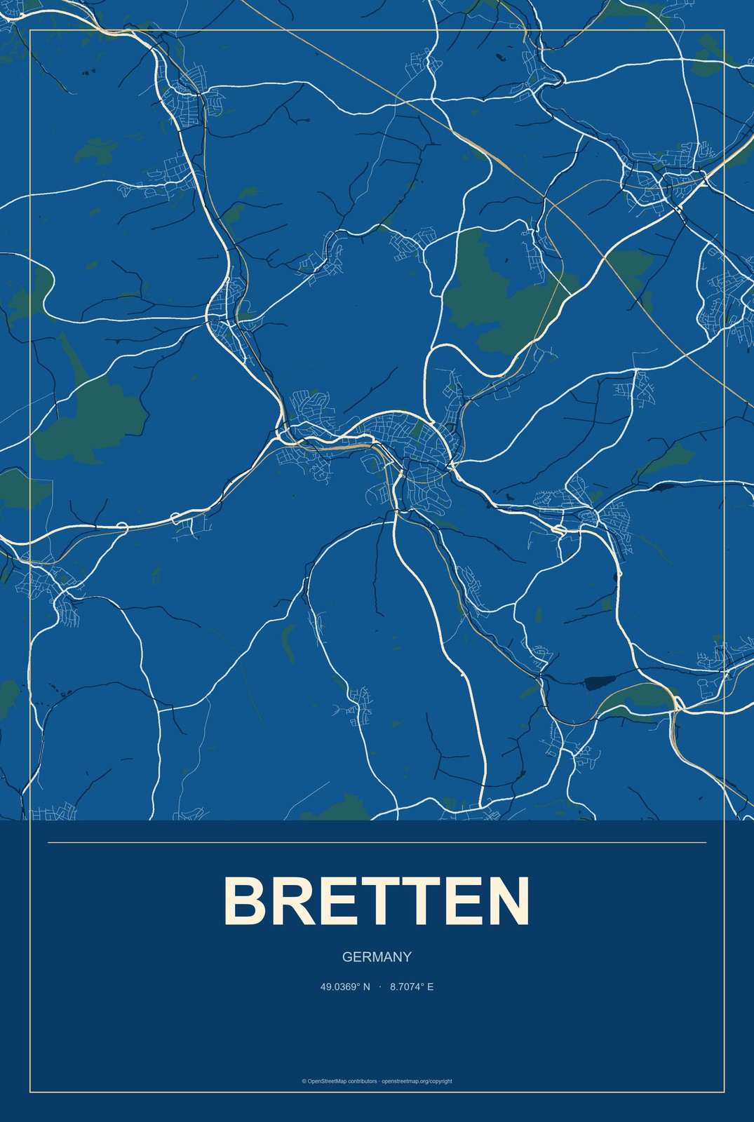 Bretten, Germany City Map Aluminum Sign in Harbor Cobalt style