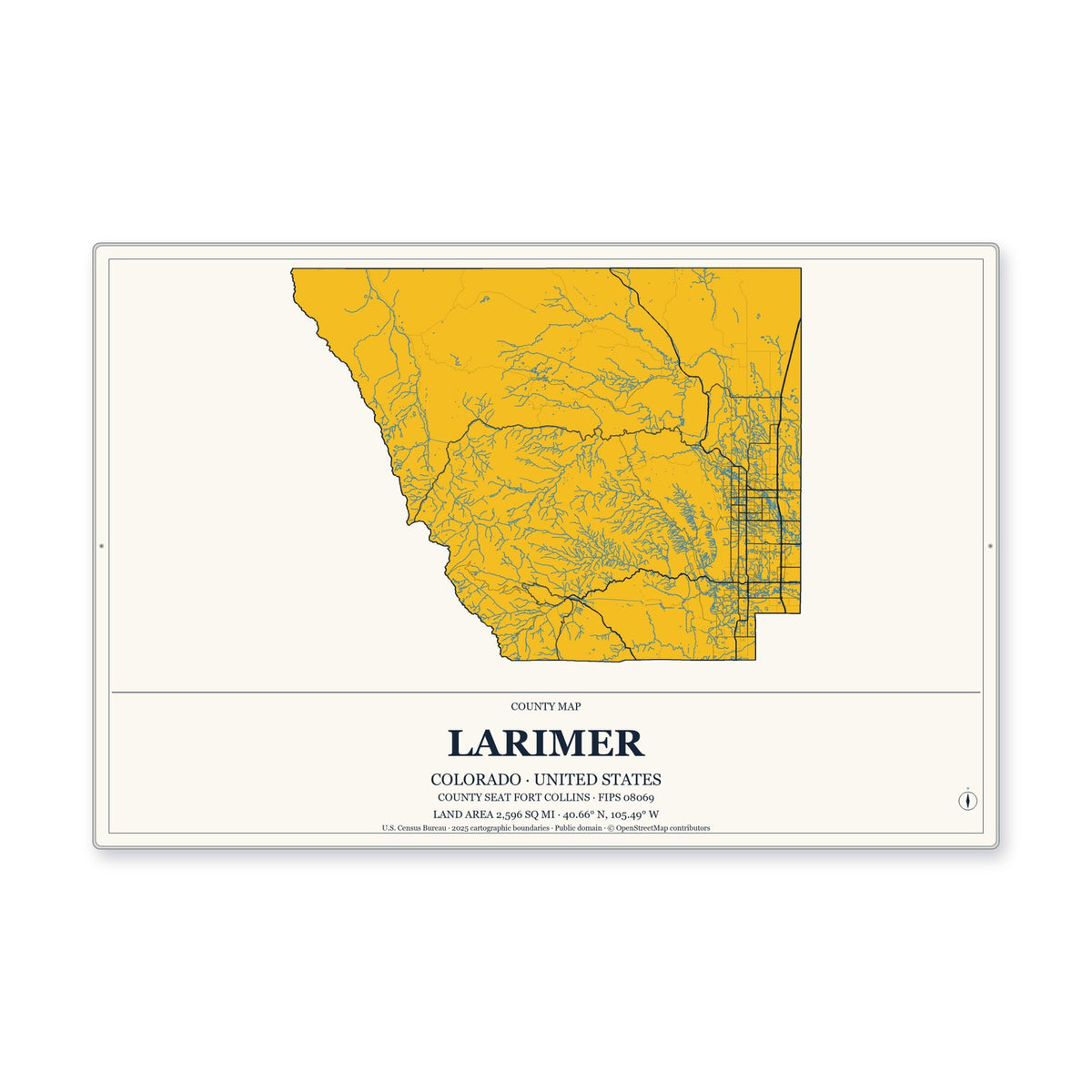 Larimer County, Colorado Map Aluminum Sign in Citrine Modern style