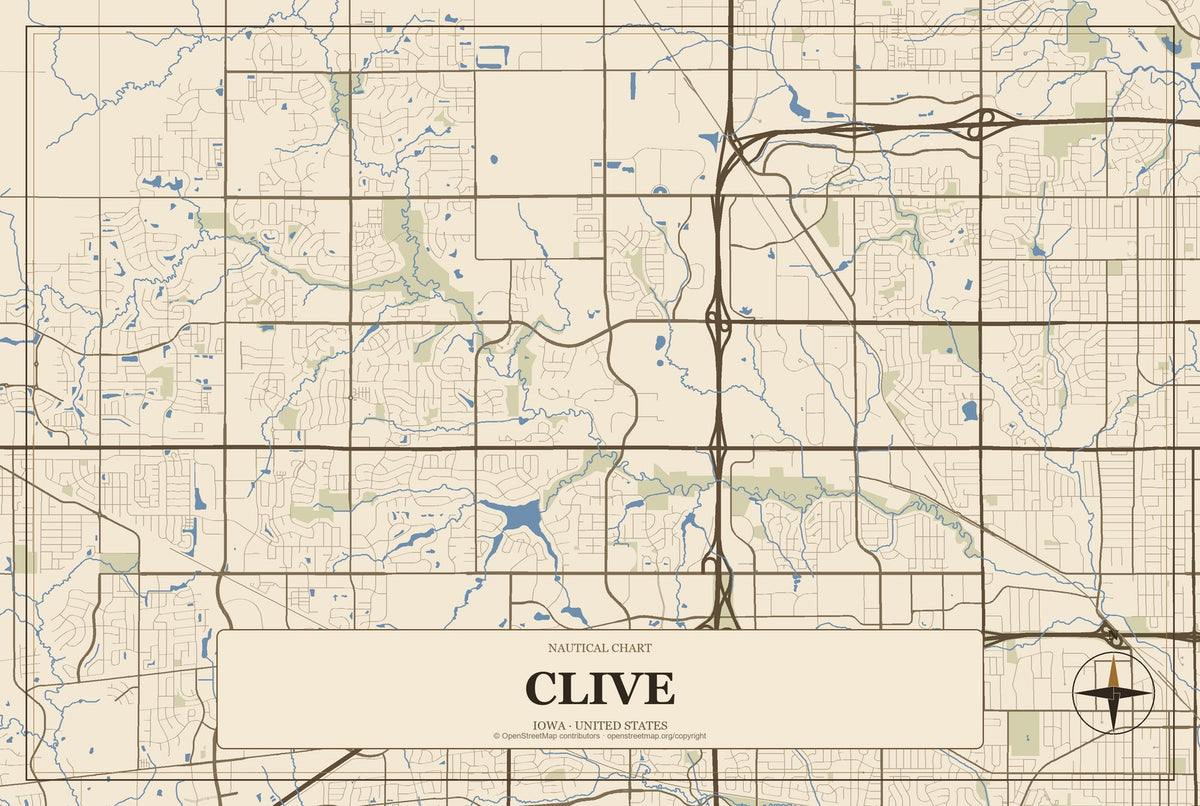 Clive, Iowa City Map Aluminum Sign in Heritage Nautical style
