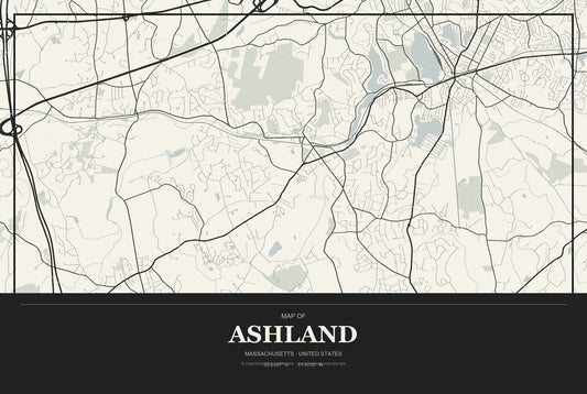 Ashland, Massachusetts City Map Aluminum Sign in Museum Plaque style