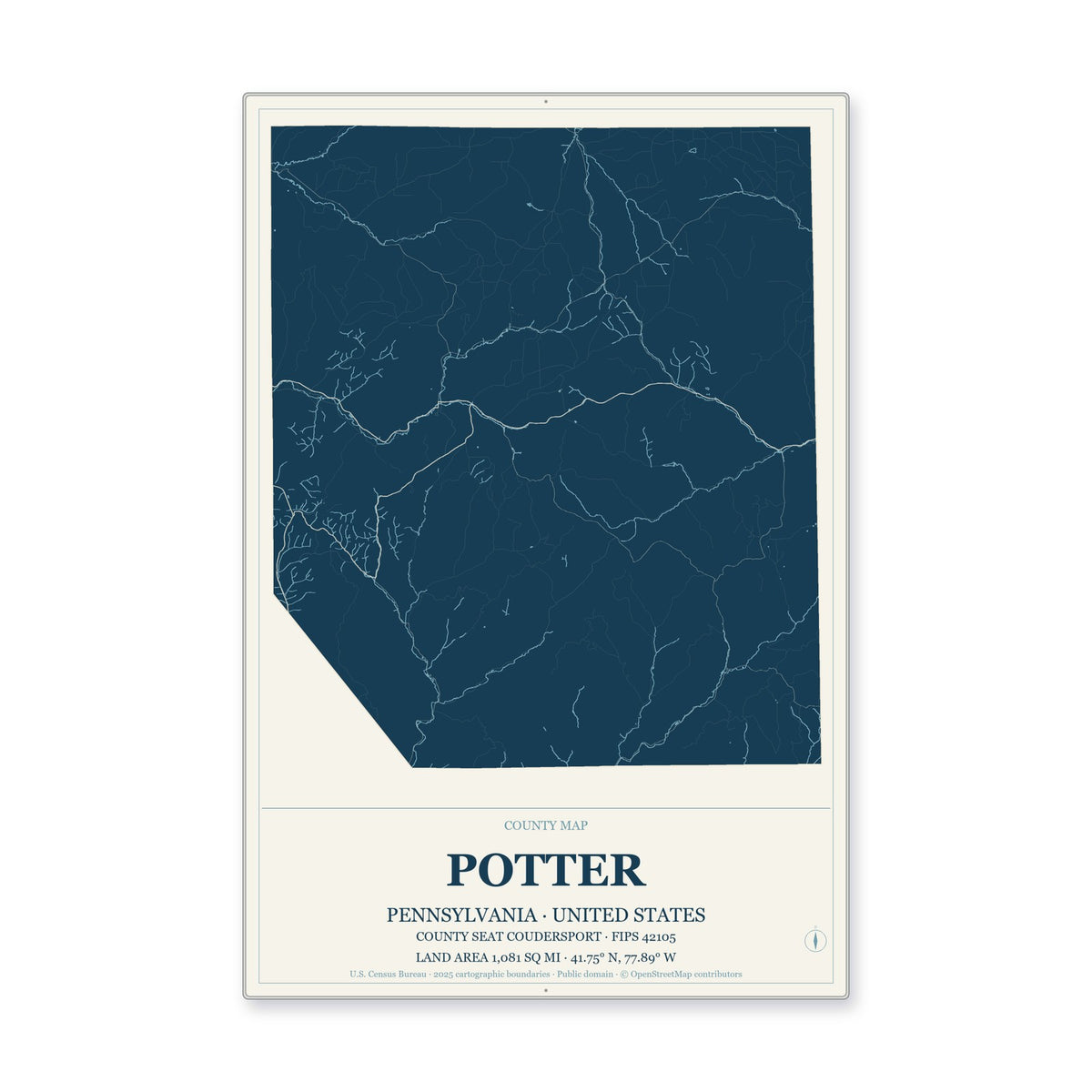 Potter County, Pennsylvania Map Aluminum Sign in Coastal Cutout style
