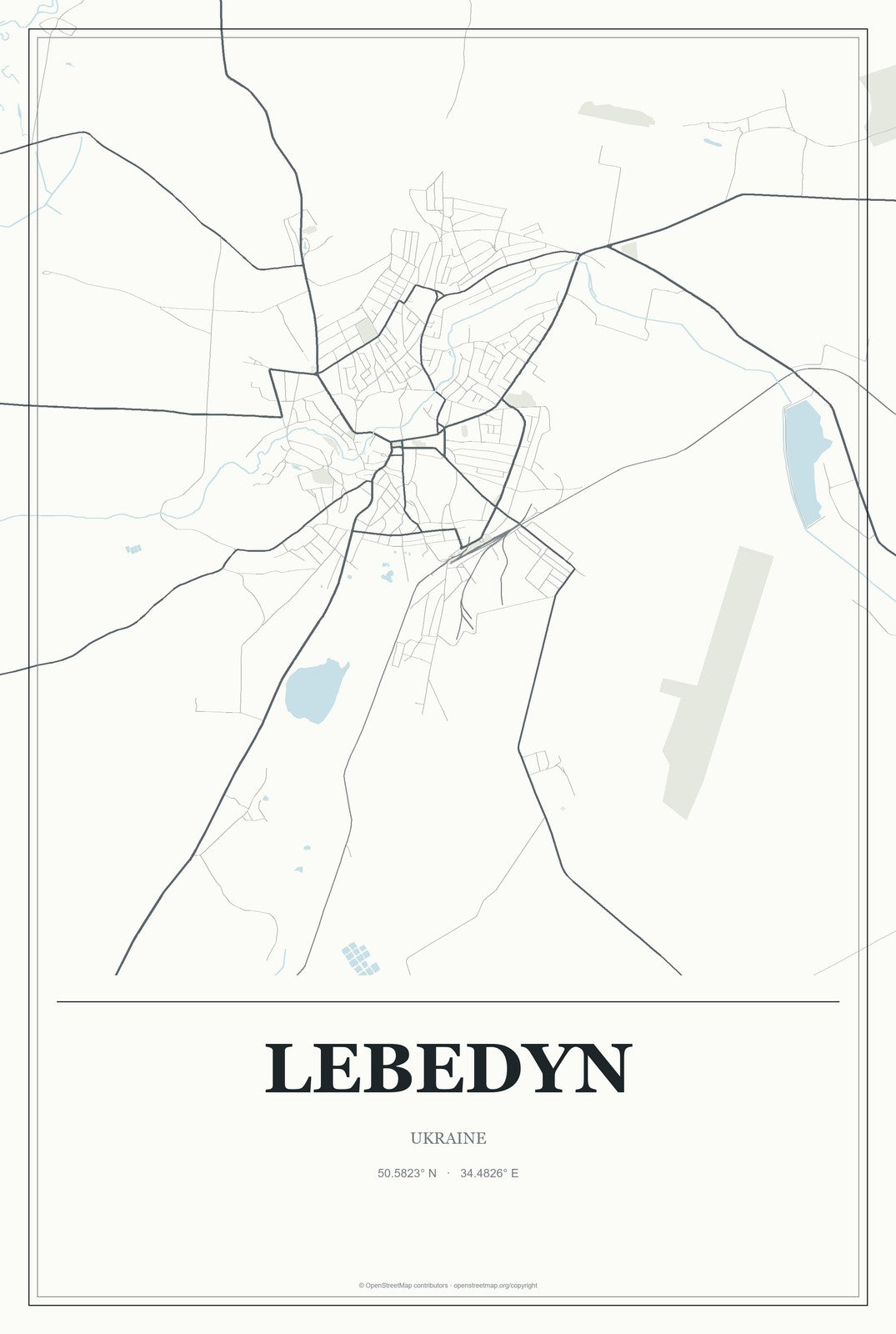 Lebedyn, Ukraine City Map Aluminum Sign in Gallery Air style