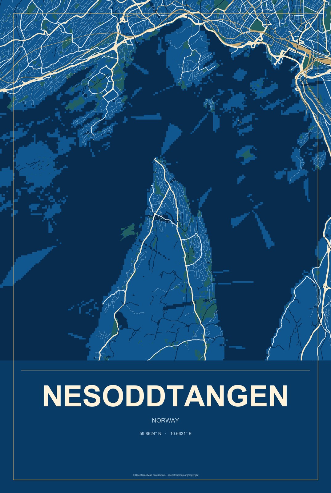 Nesoddtangen, Norway City Map Aluminum Sign in Harbor Cobalt style