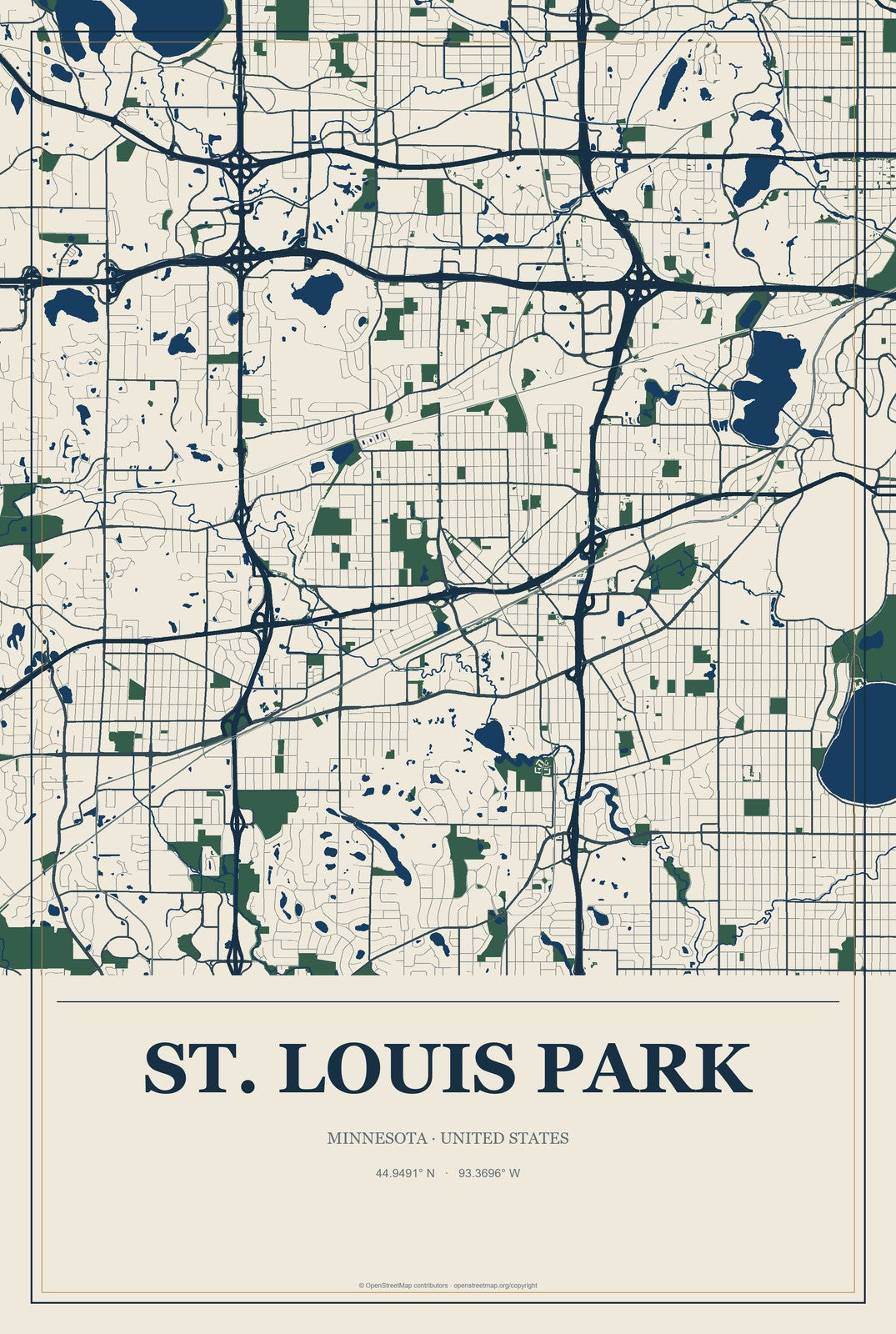 St. Louis Park, Minnesota City Map Aluminum Sign in Coastal Cutout style