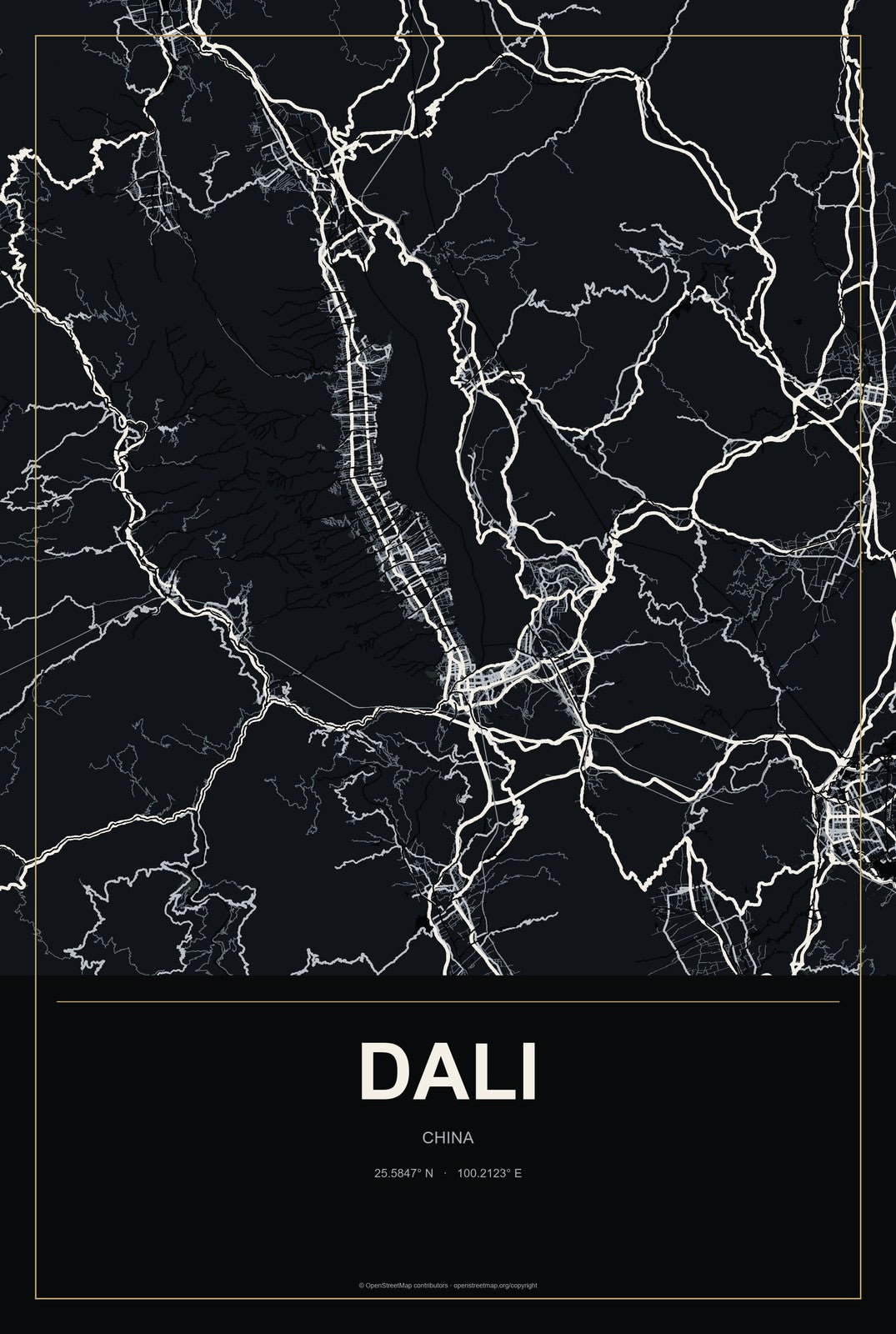 Dali, China City Map Aluminum Sign in Metropolitan Noir style