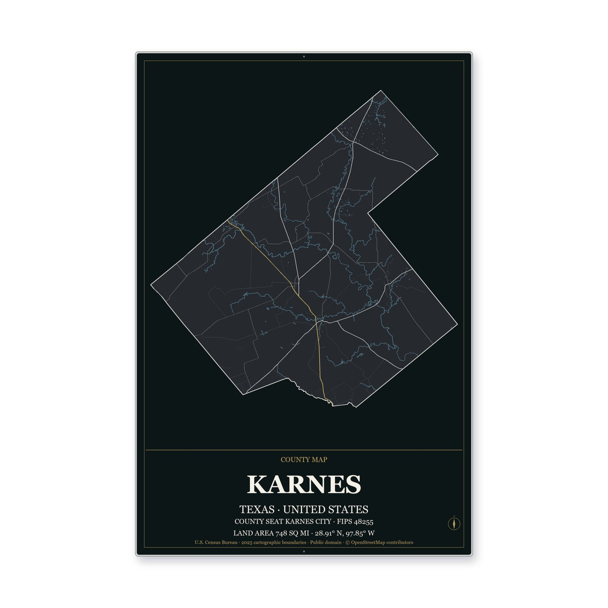 Karnes County, Texas Map Aluminum Sign in Metropolitan Noir style