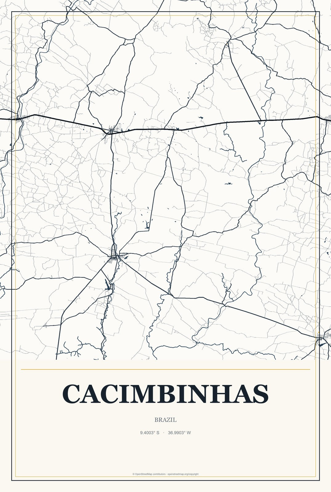 Cacimbinhas, Brazil City Map Aluminum Sign in Citrine Modern style