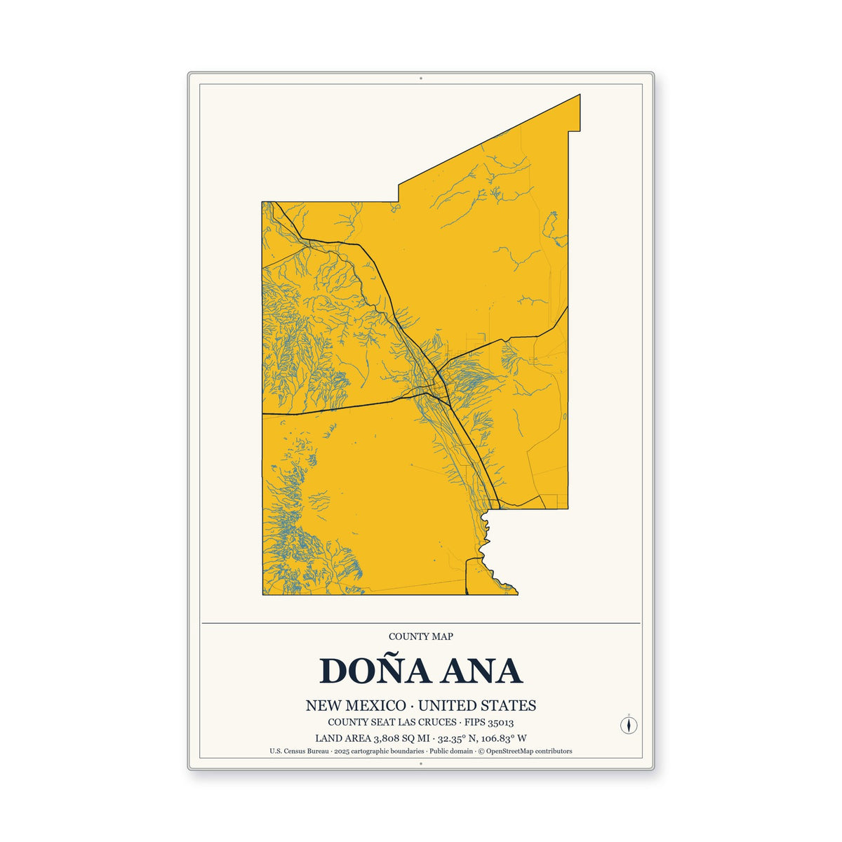 Doña Ana County, New Mexico Map Aluminum Sign in Citrine Modern style