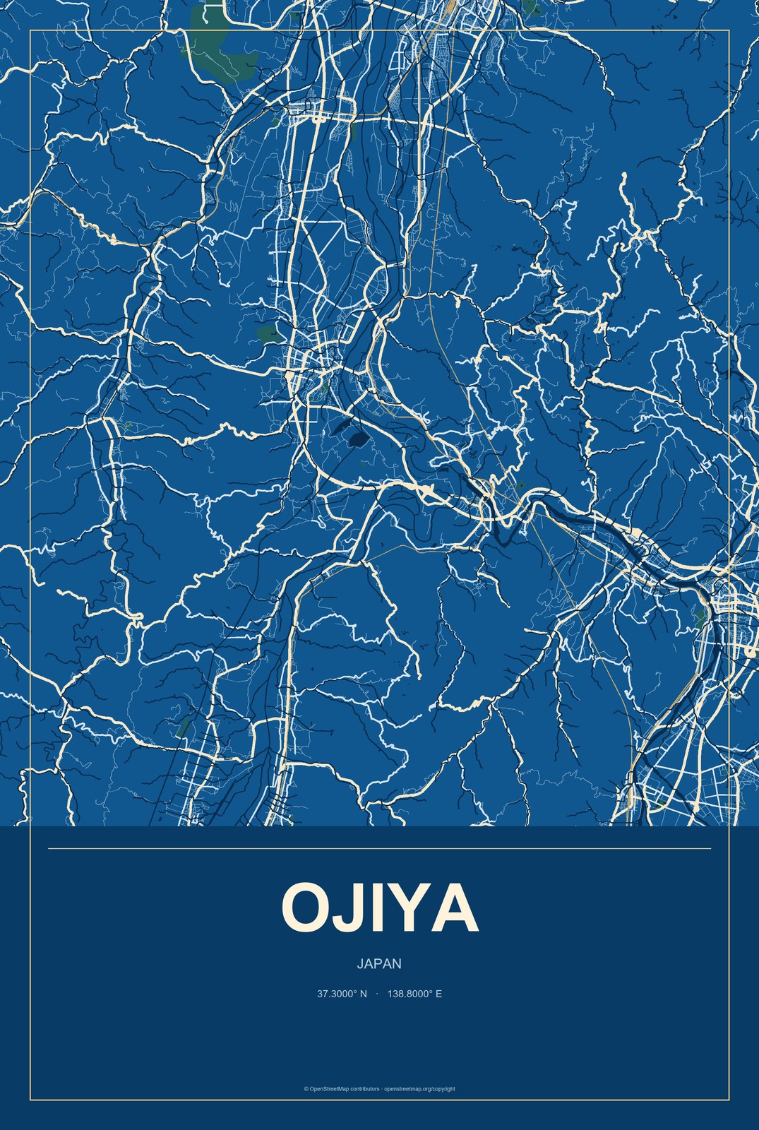 Ojiya, Japan City Map Aluminum Sign in Harbor Cobalt style
