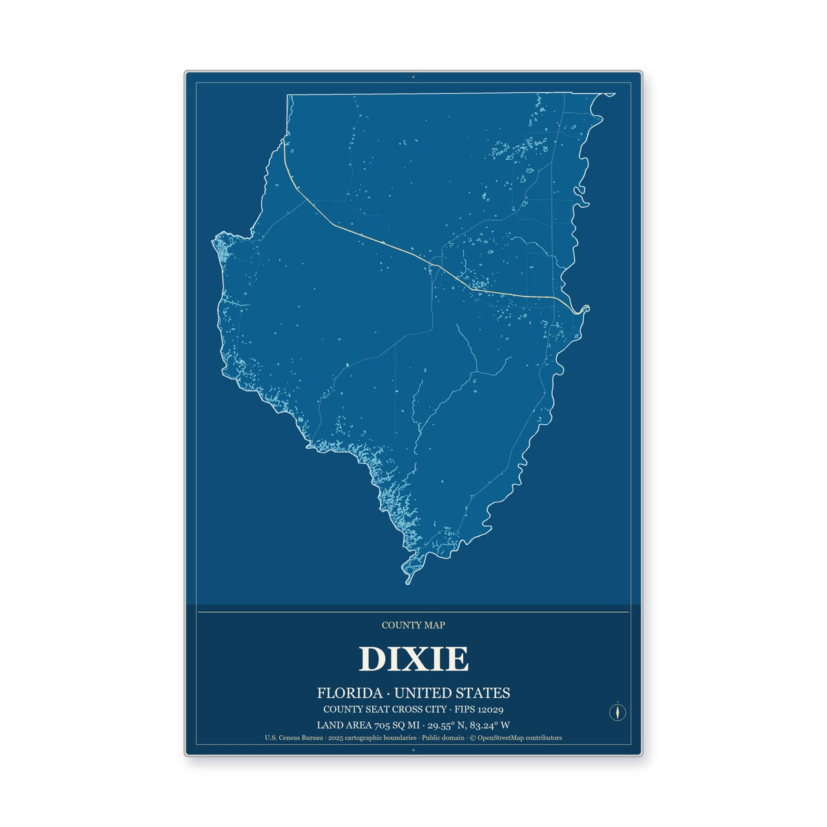Dixie County, Florida Map Aluminum Sign in Harbor Cobalt style