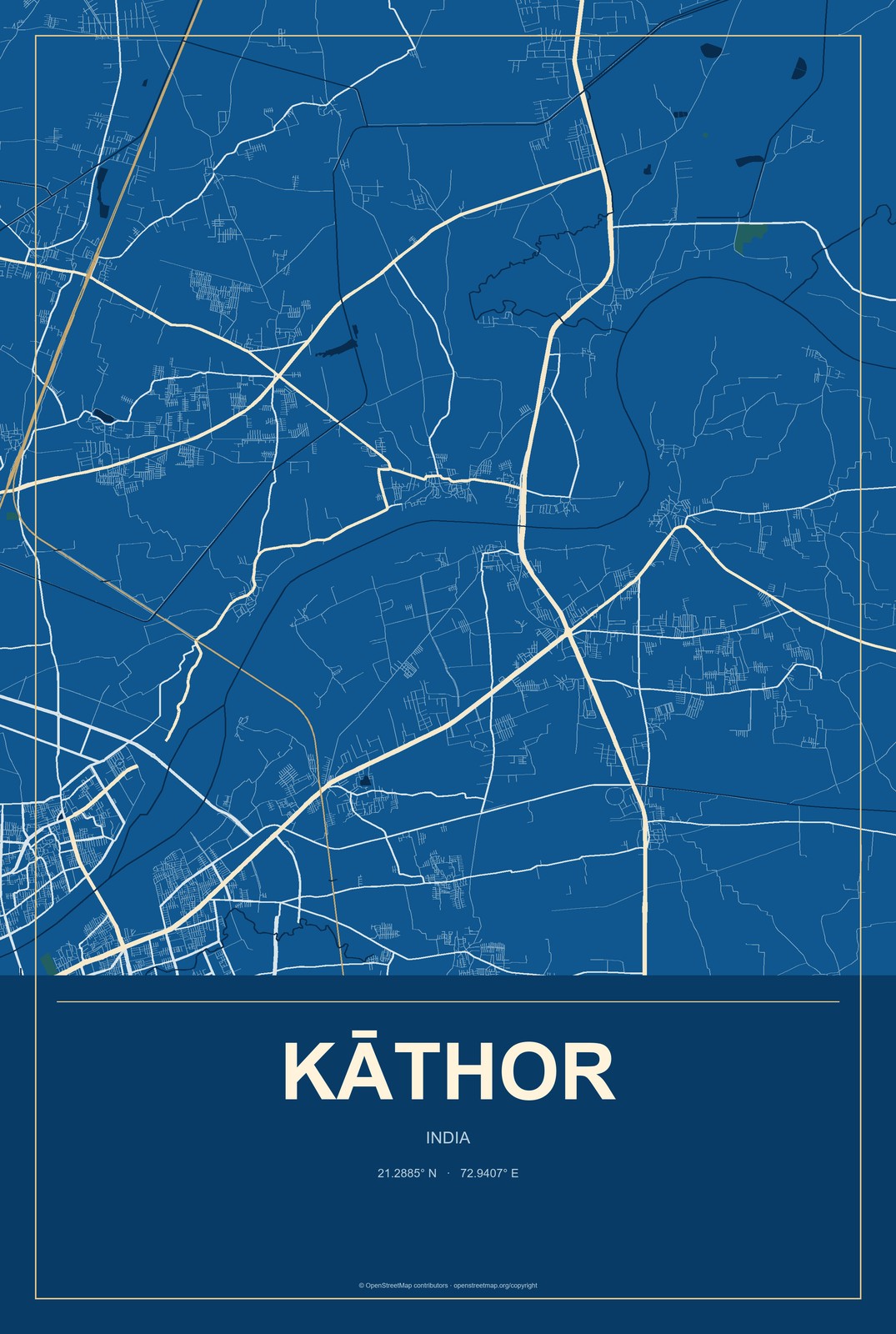 Kāthor, India City Map Aluminum Sign in Harbor Cobalt style
