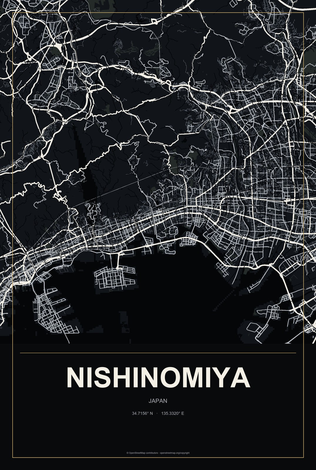 Nishinomiya, Japan City Map Aluminum Sign in Metropolitan Noir style