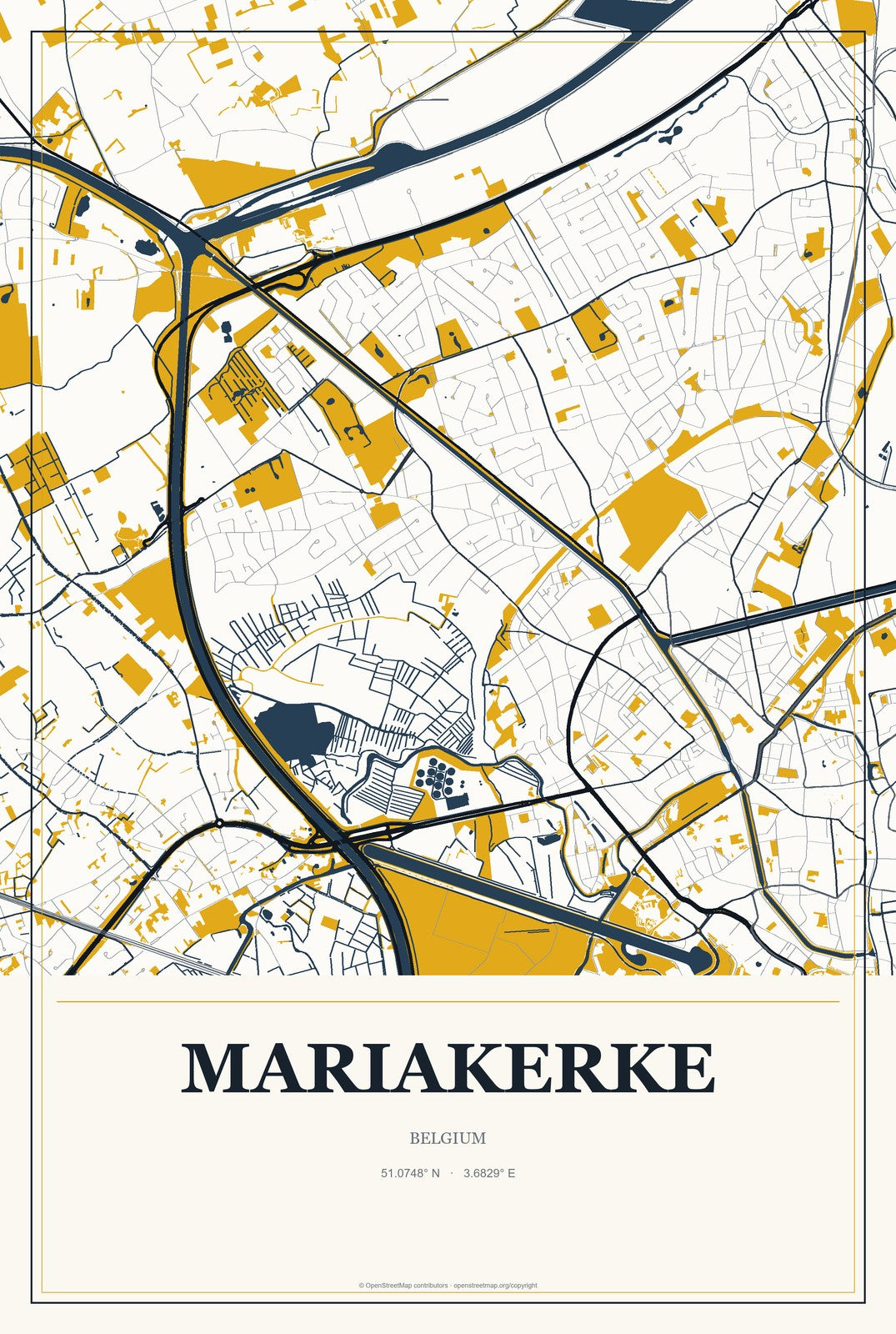 Mariakerke, Belgium City Map Aluminum Sign in Citrine Modern style