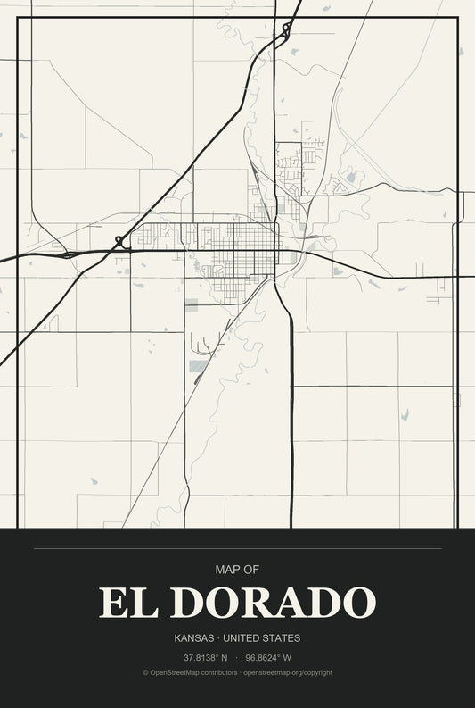 El Dorado, Kansas City Map Aluminum Sign in Museum Plaque style