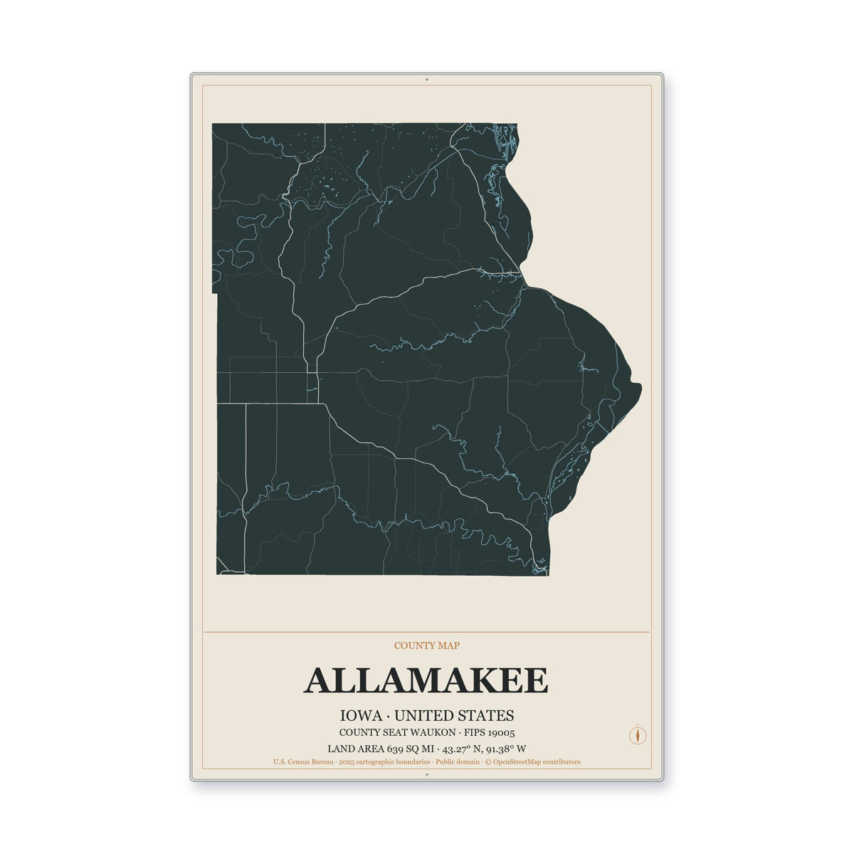 Allamakee County, Iowa Map Aluminum Sign in Headline Atlas style