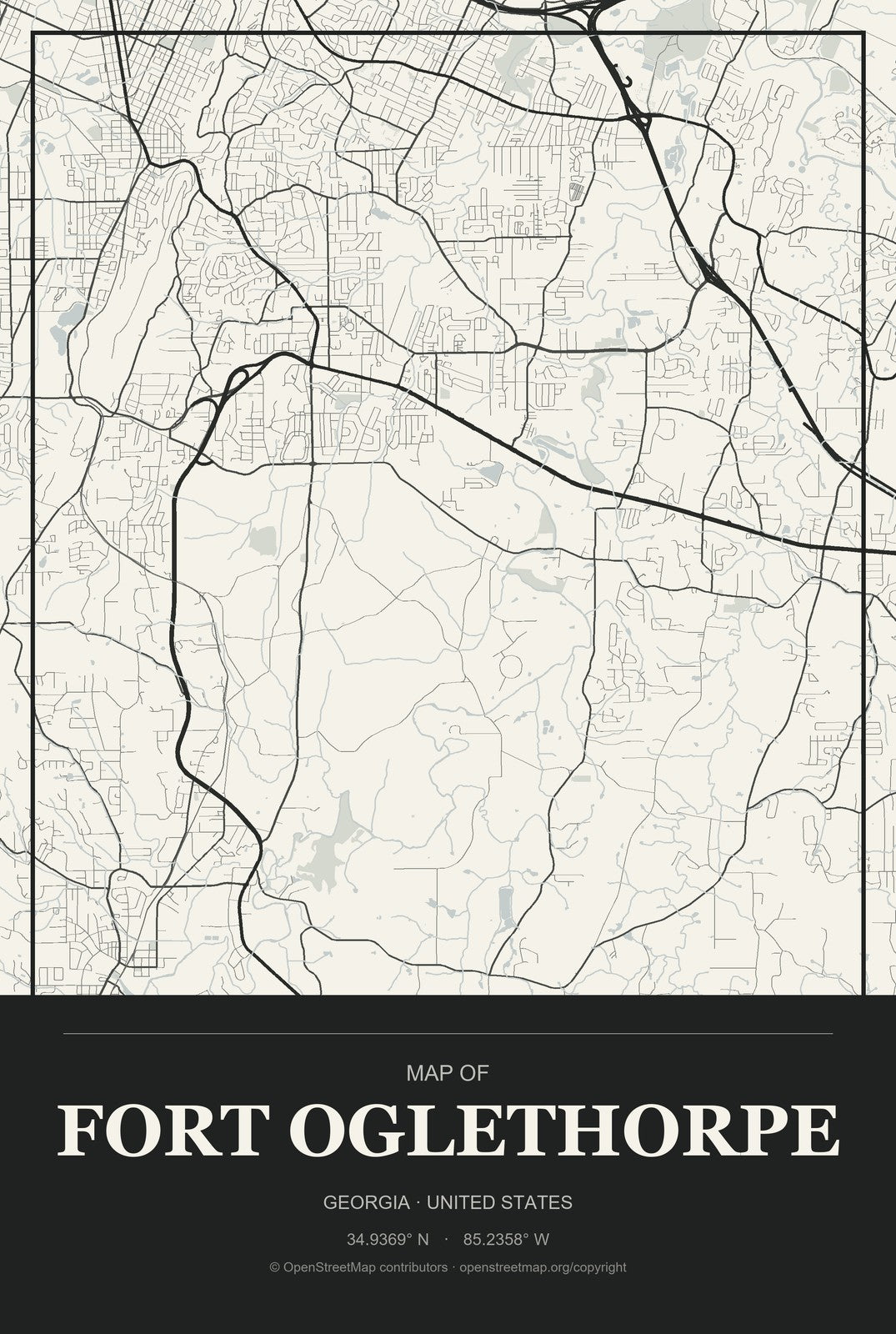 Fort Oglethorpe, Georgia City Map Aluminum Sign in Museum Plaque style