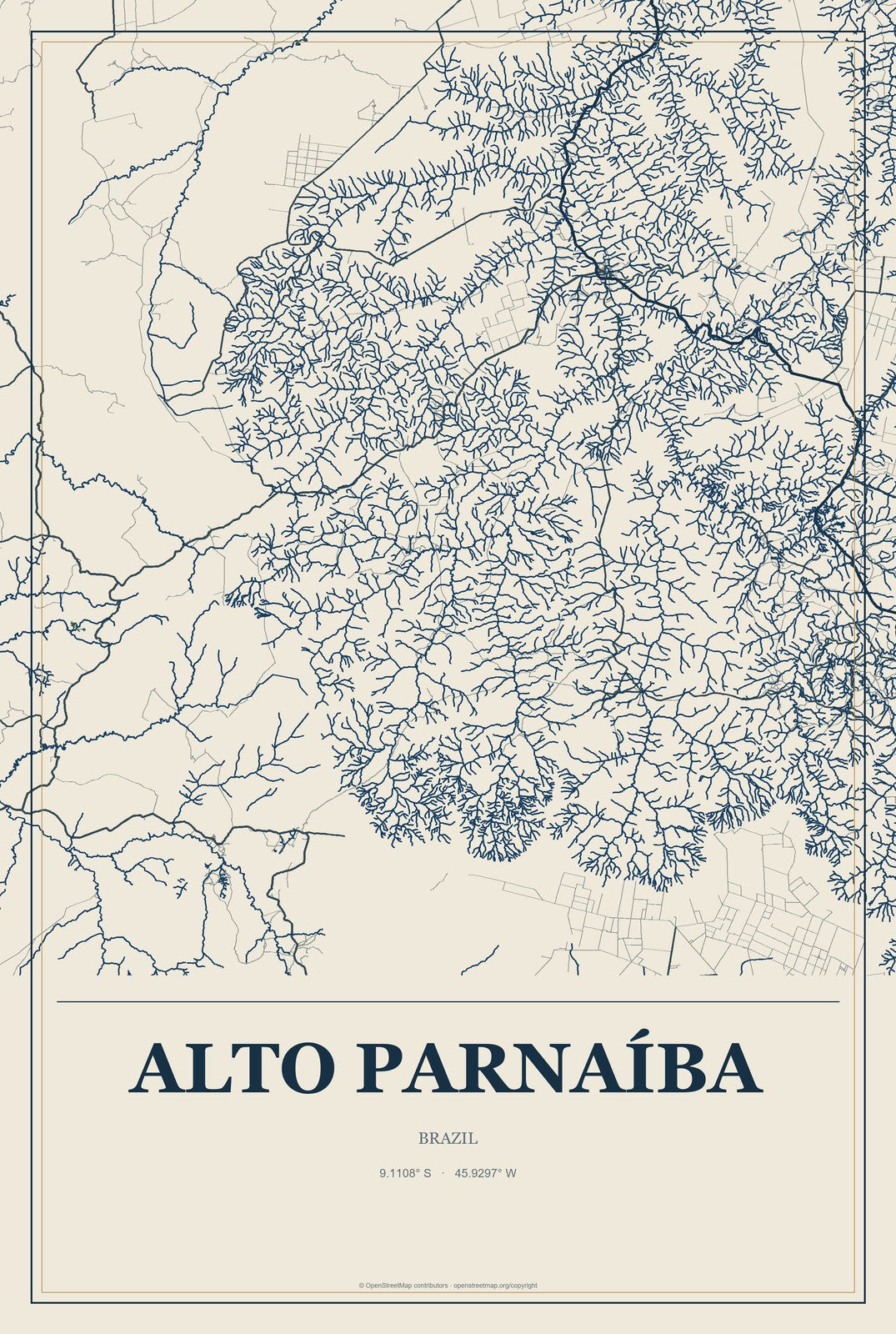 Alto Parnaíba, Brazil City Map Aluminum Sign in Coastal Cutout style