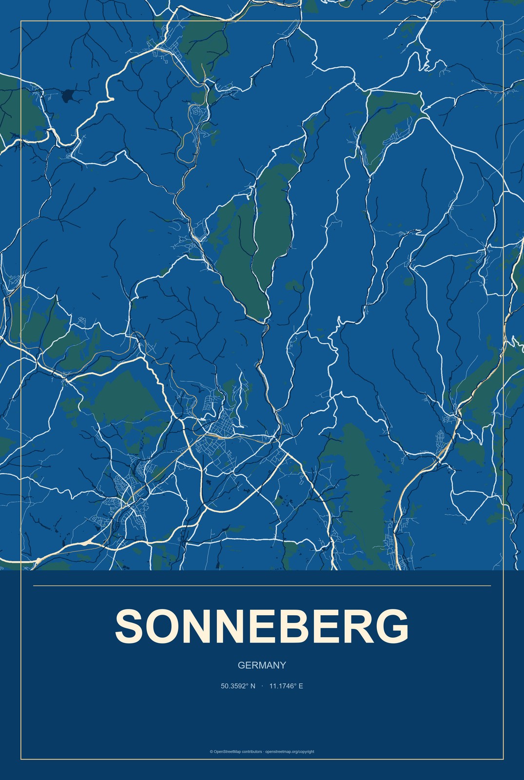 Sonneberg, Germany City Map Aluminum Sign in Harbor Cobalt style