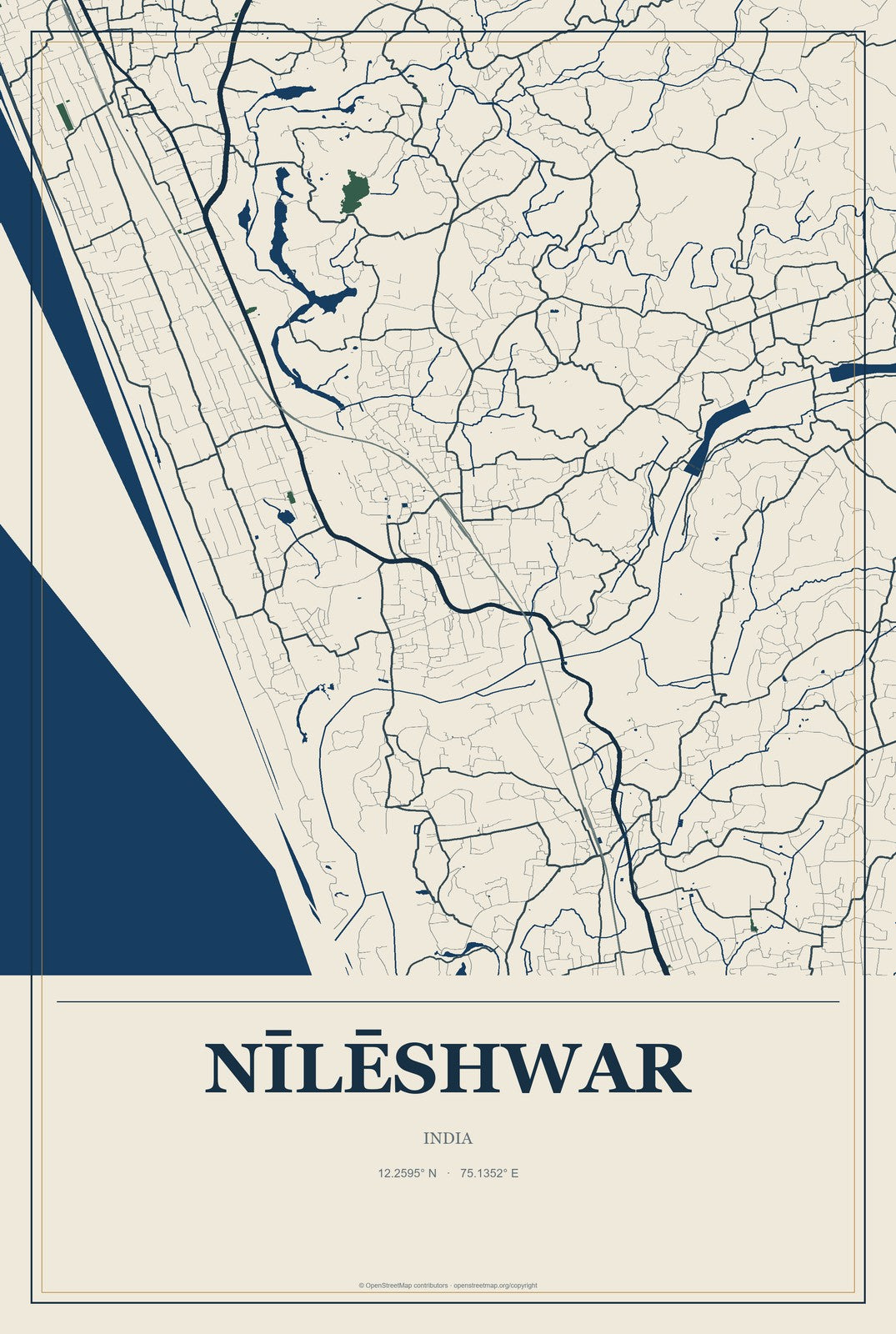 Nīlēshwar, India City Map Aluminum Sign in Coastal Cutout style