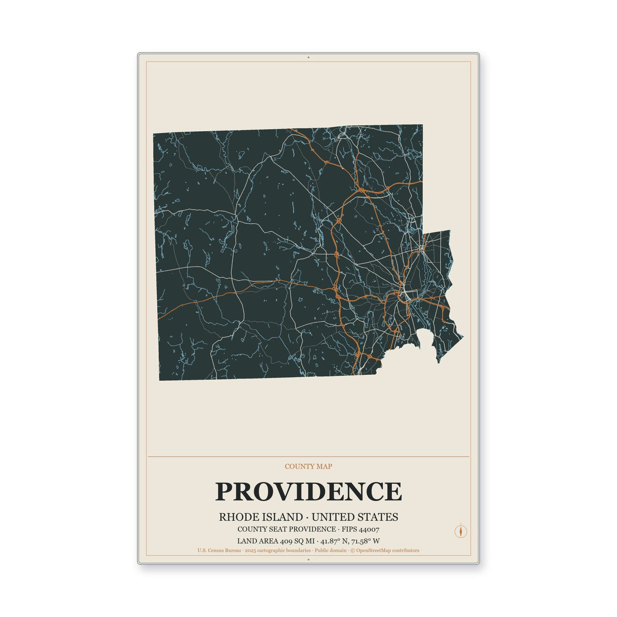 Providence County, Rhode Island Map Aluminum Sign in Headline Atlas style