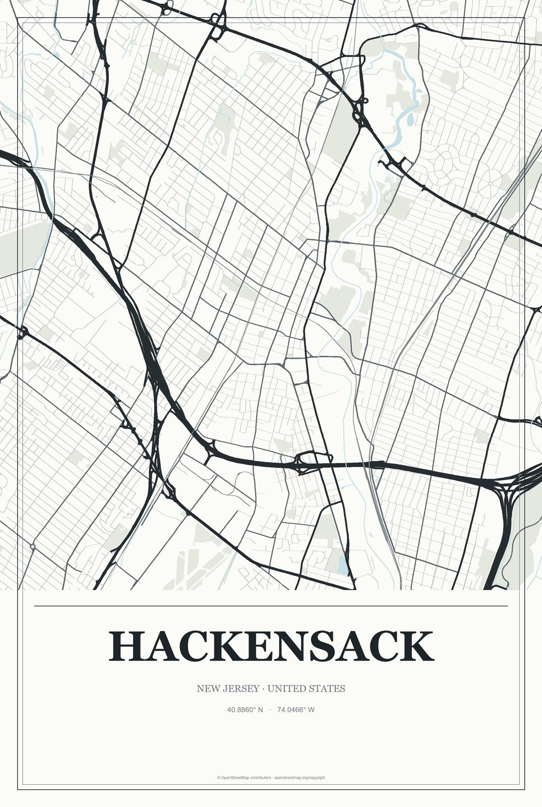 Hackensack, New Jersey City Map Aluminum Sign in Gallery Air style