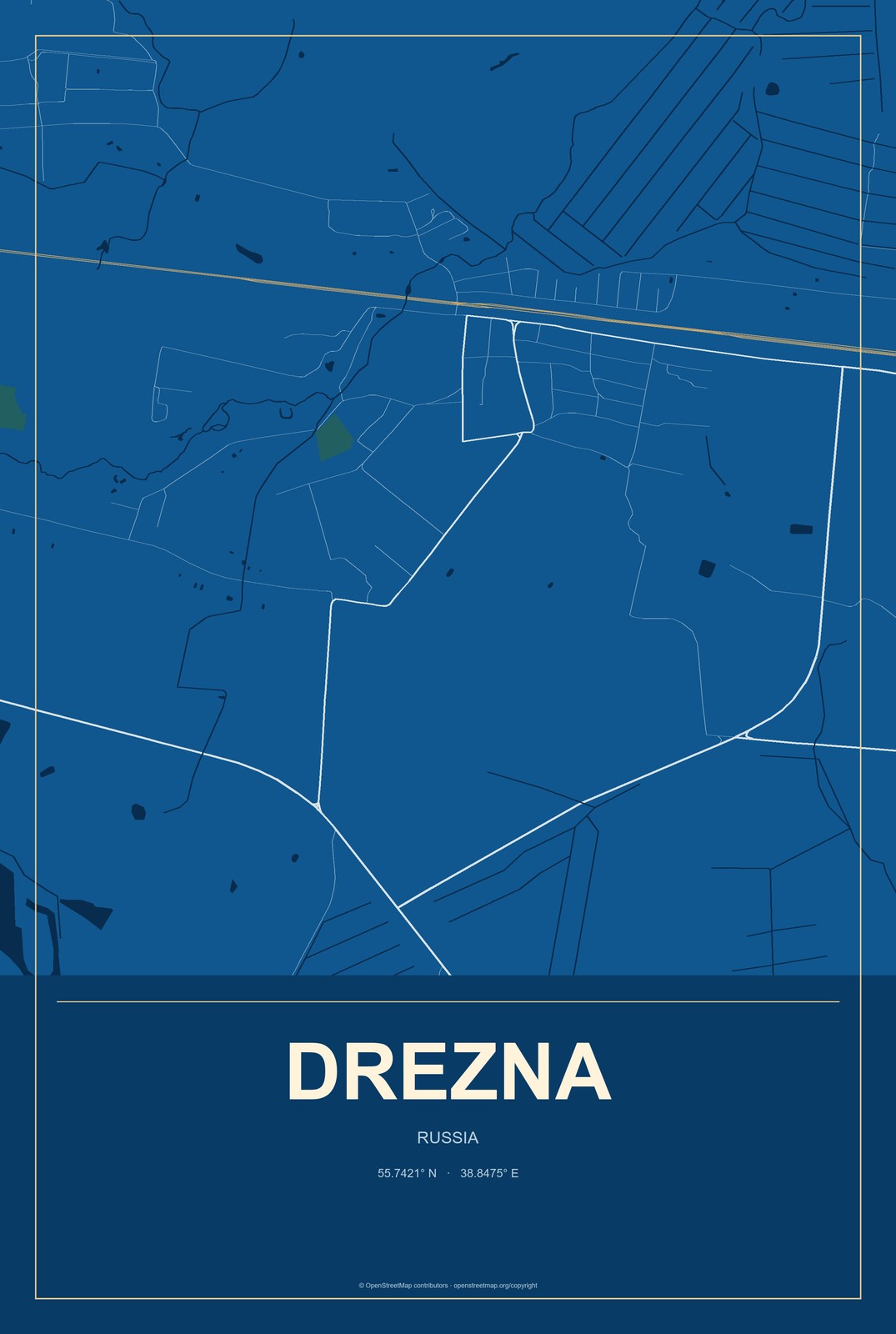Drezna, Russia City Map Aluminum Sign in Harbor Cobalt style
