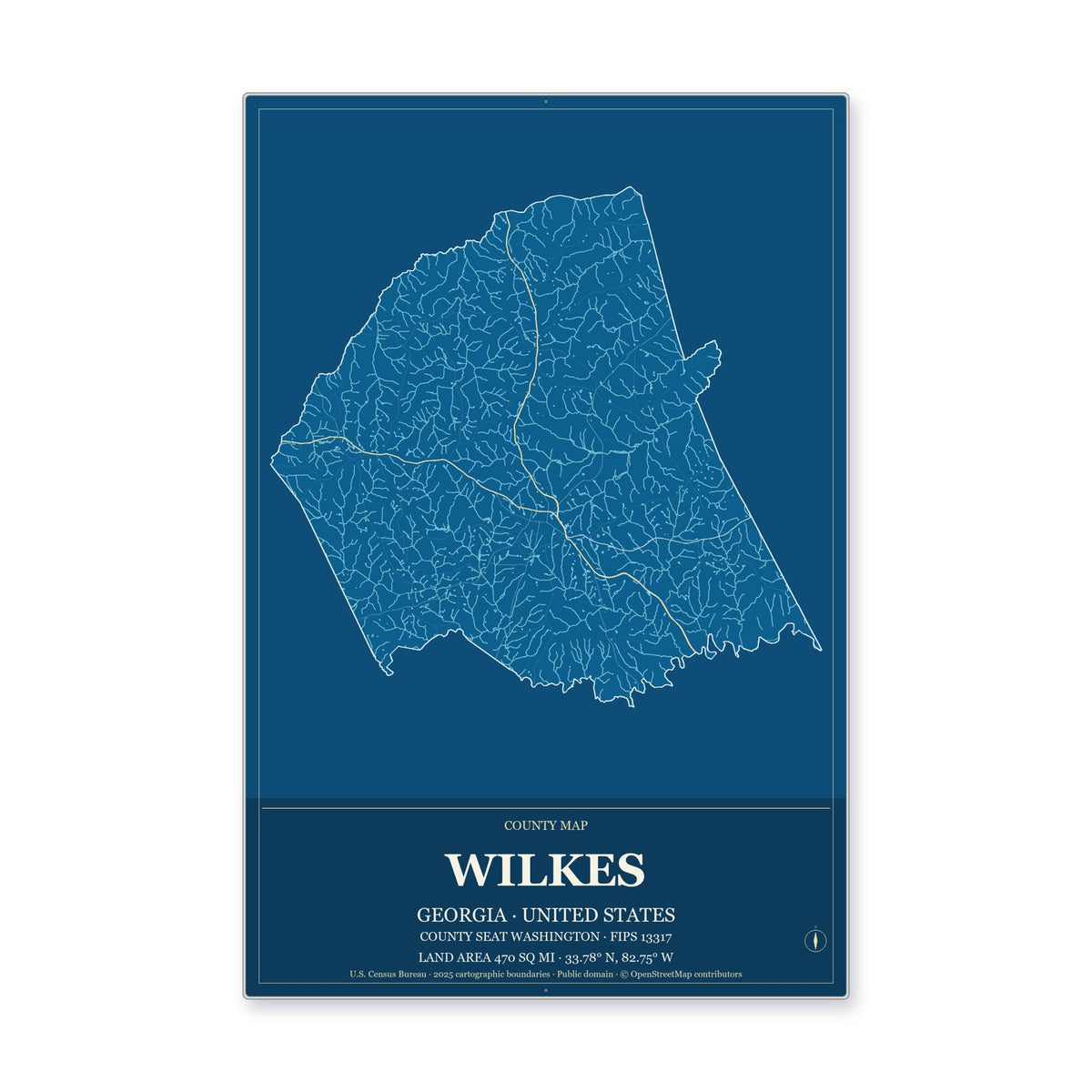 Wilkes County, Georgia Map Aluminum Sign in Harbor Cobalt style