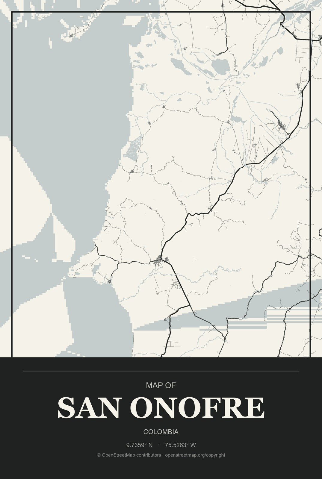 San Onofre, Colombia City Map Aluminum Sign in Museum Plaque style