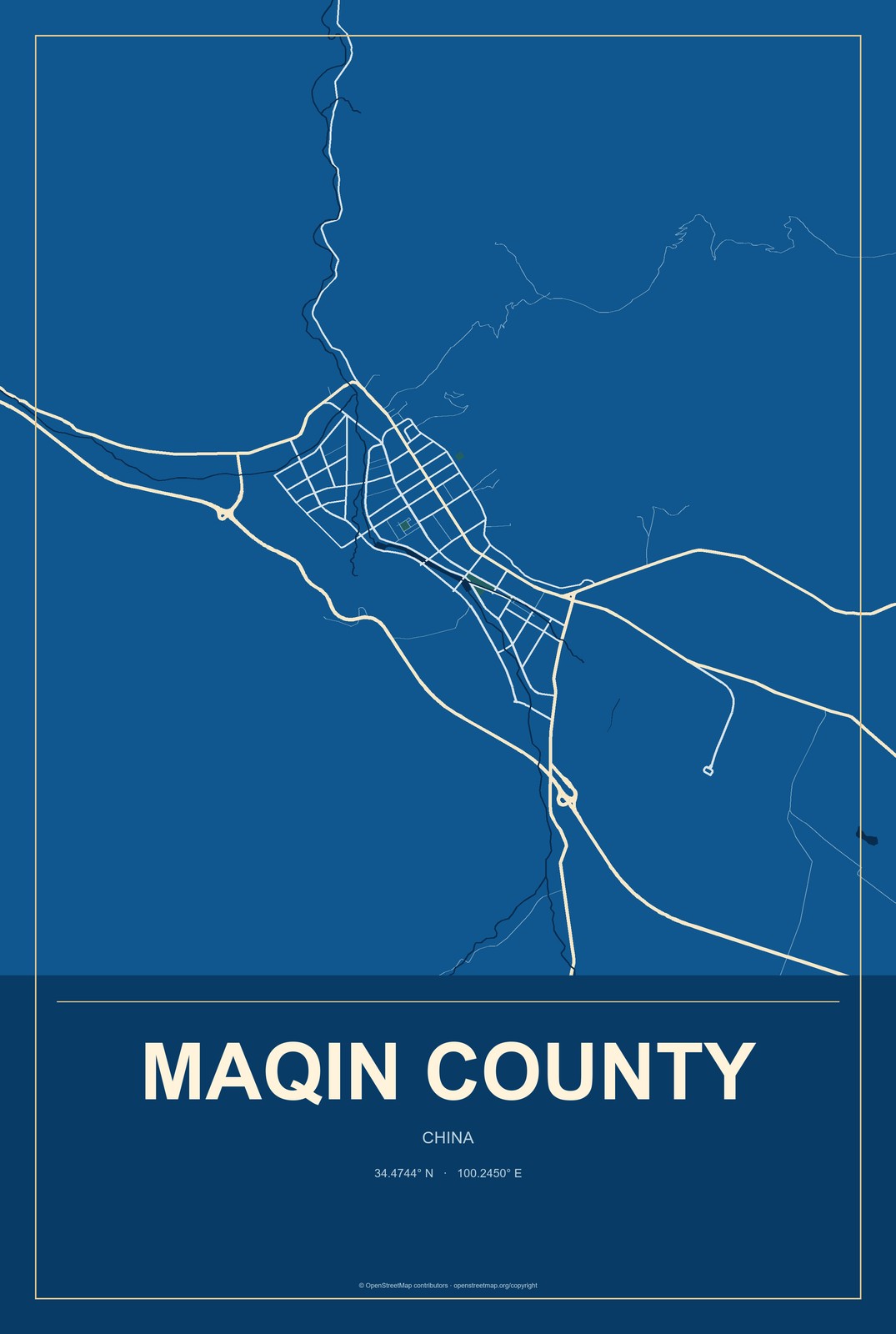 Maqin County, China City Map Aluminum Sign in Harbor Cobalt style