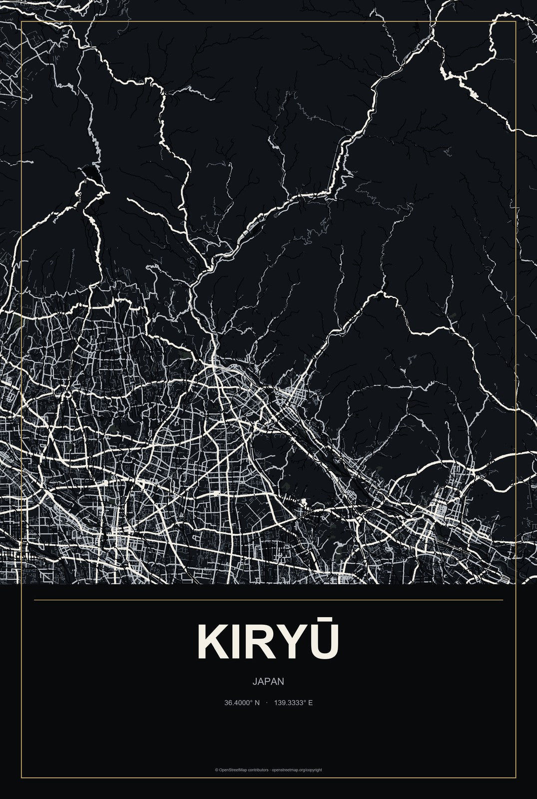 Kiryū, Japan City Map Aluminum Sign in Metropolitan Noir style
