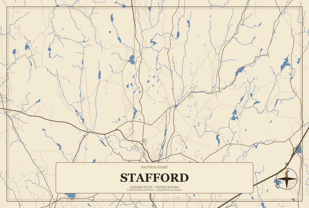 Stafford, Connecticut City Map Aluminum Sign in Heritage Nautical style