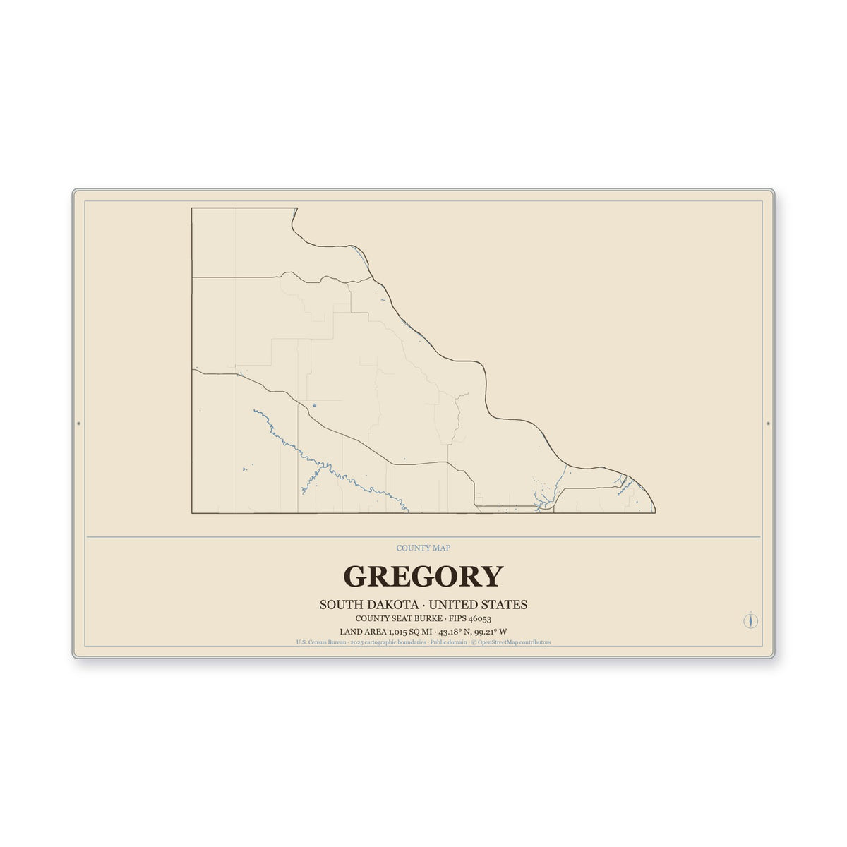 Gregory County, South Dakota Map Aluminum Sign in Heritage Nautical style