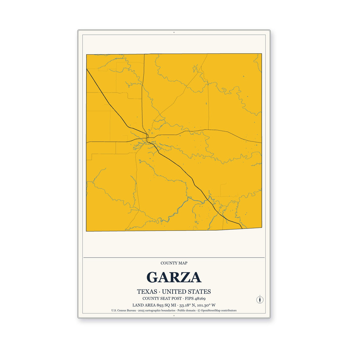 Garza County, Texas Map Aluminum Sign in Citrine Modern style