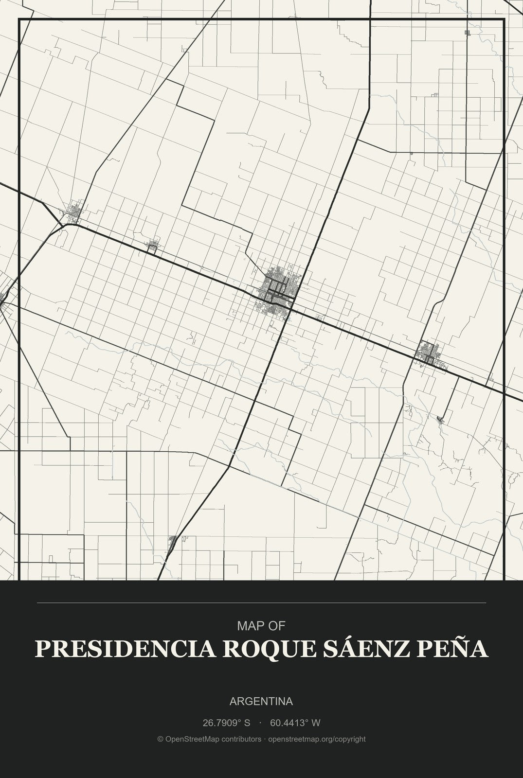Presidencia Roque Sáenz Peña, Argentina City Map Aluminum Sign in Museum Plaque style