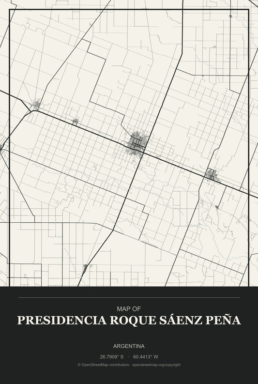 Presidencia Roque Sáenz Peña, Argentina City Map Aluminum Sign in Museum Plaque style