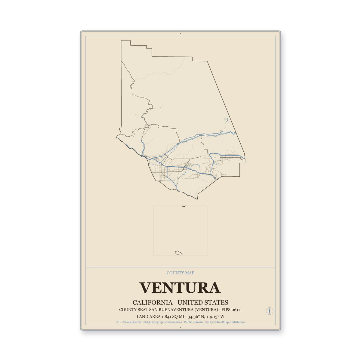 Ventura County, California Map Aluminum Sign in Heritage Nautical style