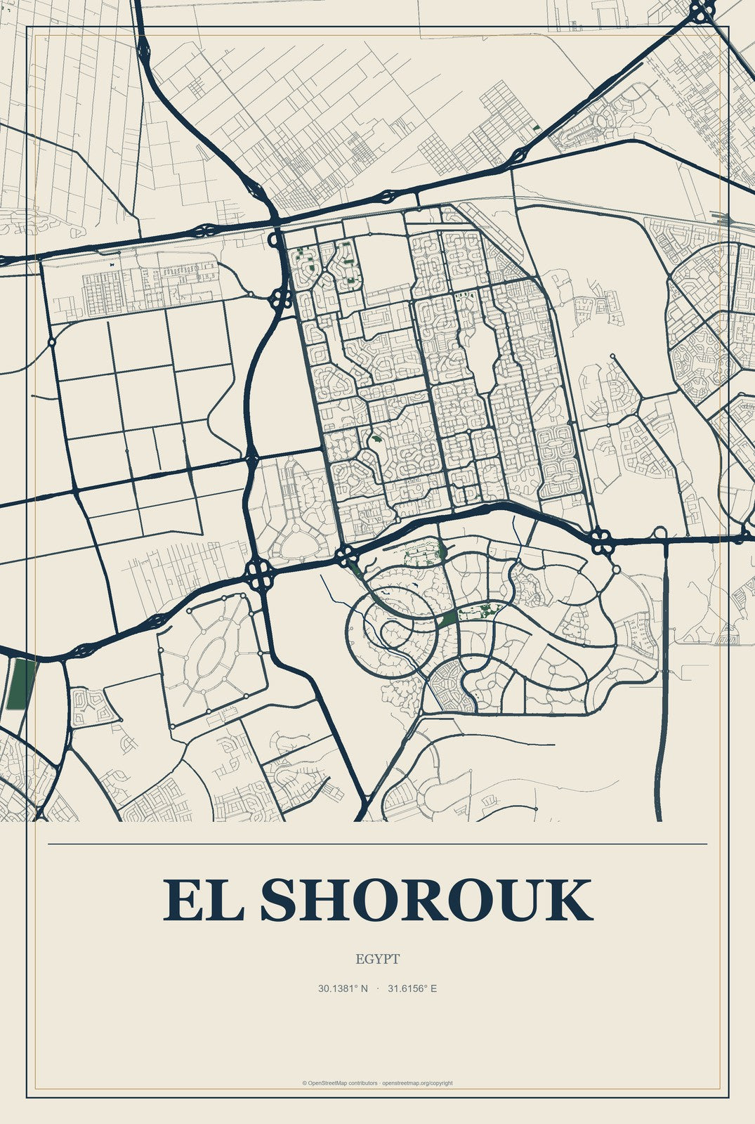El Shorouk, Egypt City Map Aluminum Sign in Coastal Cutout style