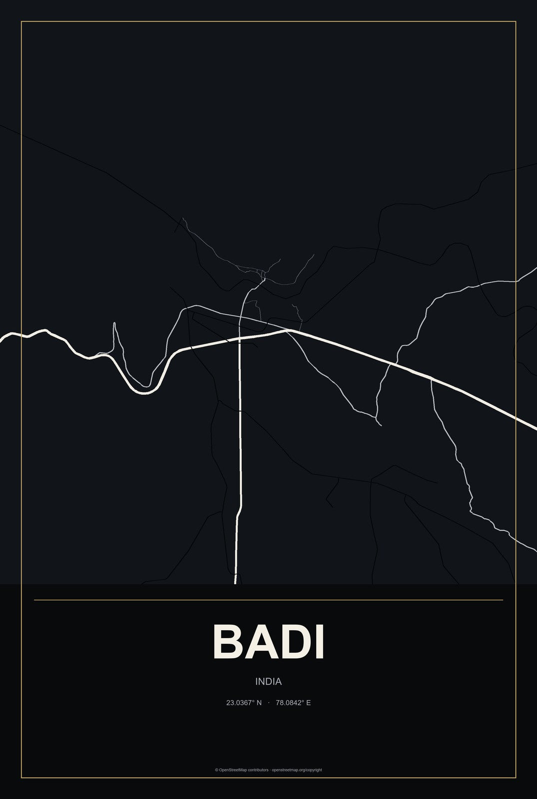 Badi, India City Map Aluminum Sign in Metropolitan Noir style