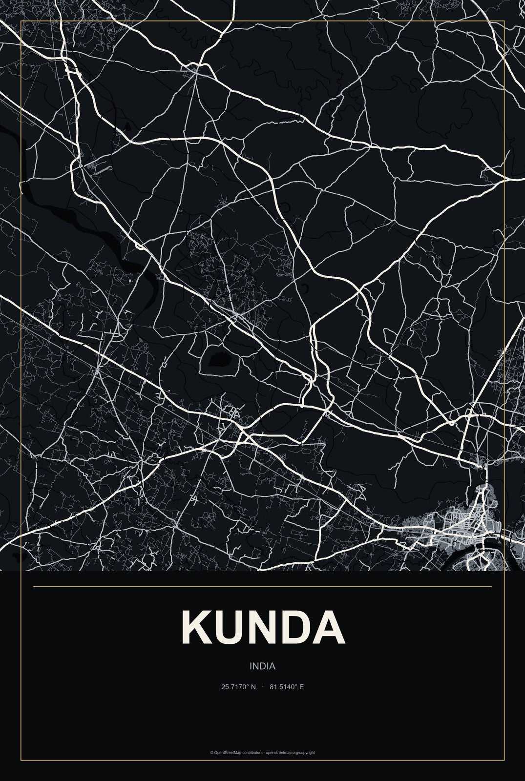Kunda, India City Map Aluminum Sign in Metropolitan Noir style